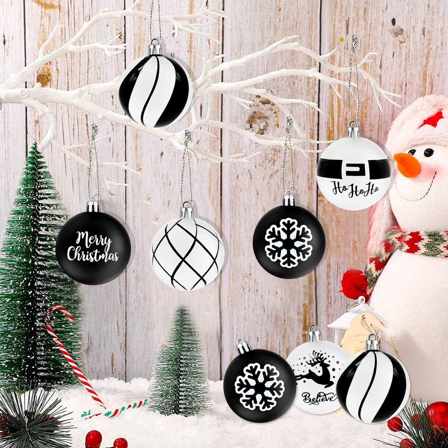 12 bolas de invierno de copos de nieve en blanco y negro, bolas colgantes de Feliz Navidad, HOHOHO, vacaciones, reno, granja, adornos de Navidad,