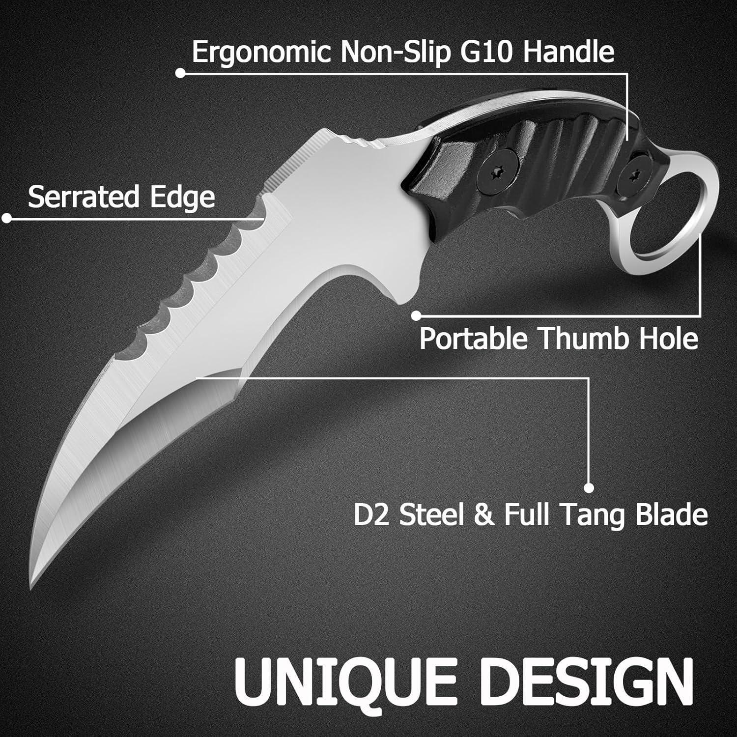 HOLYEDGE Cuchillos de hoja fija de acero D2 semidentados, cuchillo táctico de supervivencia con mango G10 y funda Kydex, herramientas de caza para