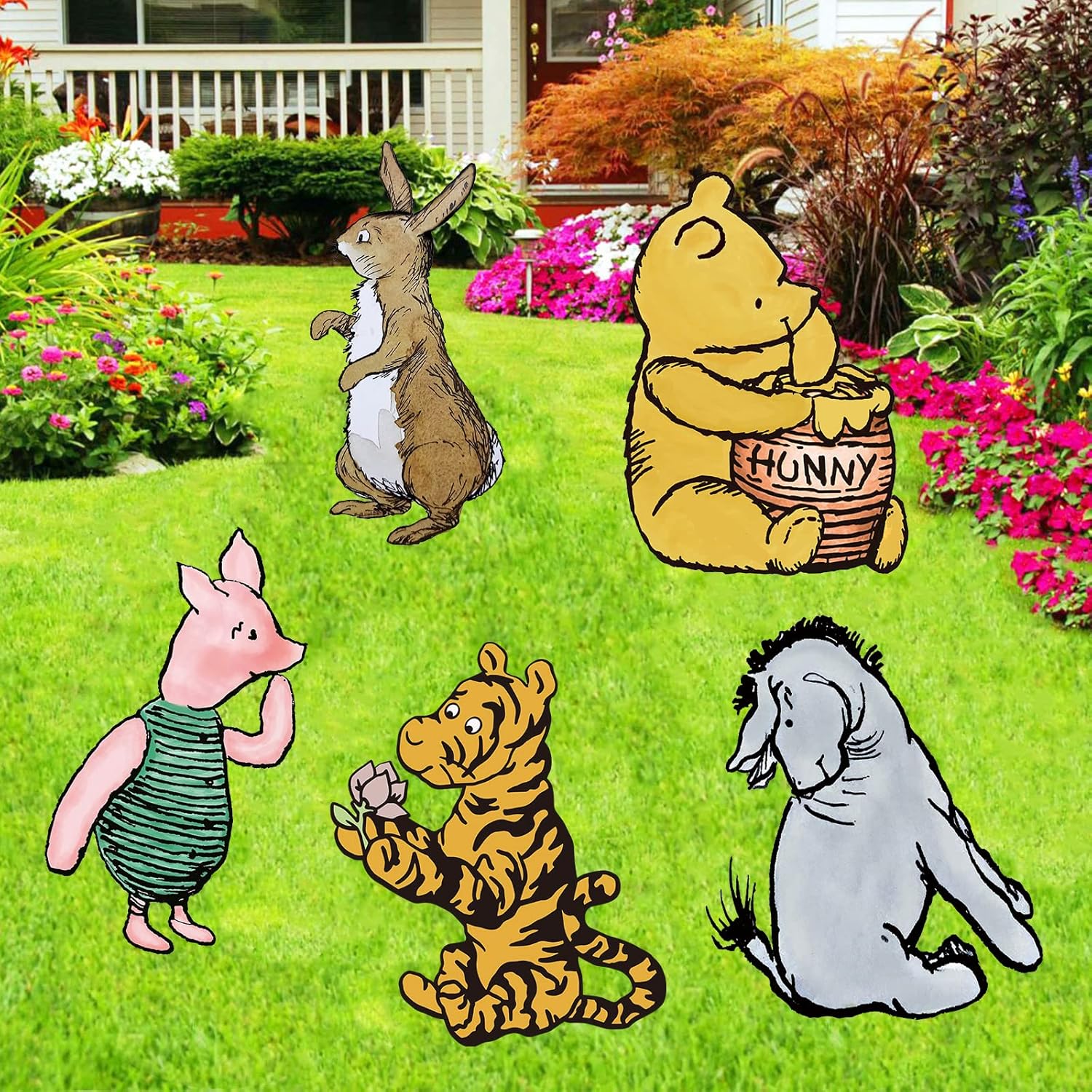 Suministros clásicos de fiesta de Winnie The Pooh, 5 carteles de patio con estacas, decoración de fiesta de césped al aire libre, decoraciones de