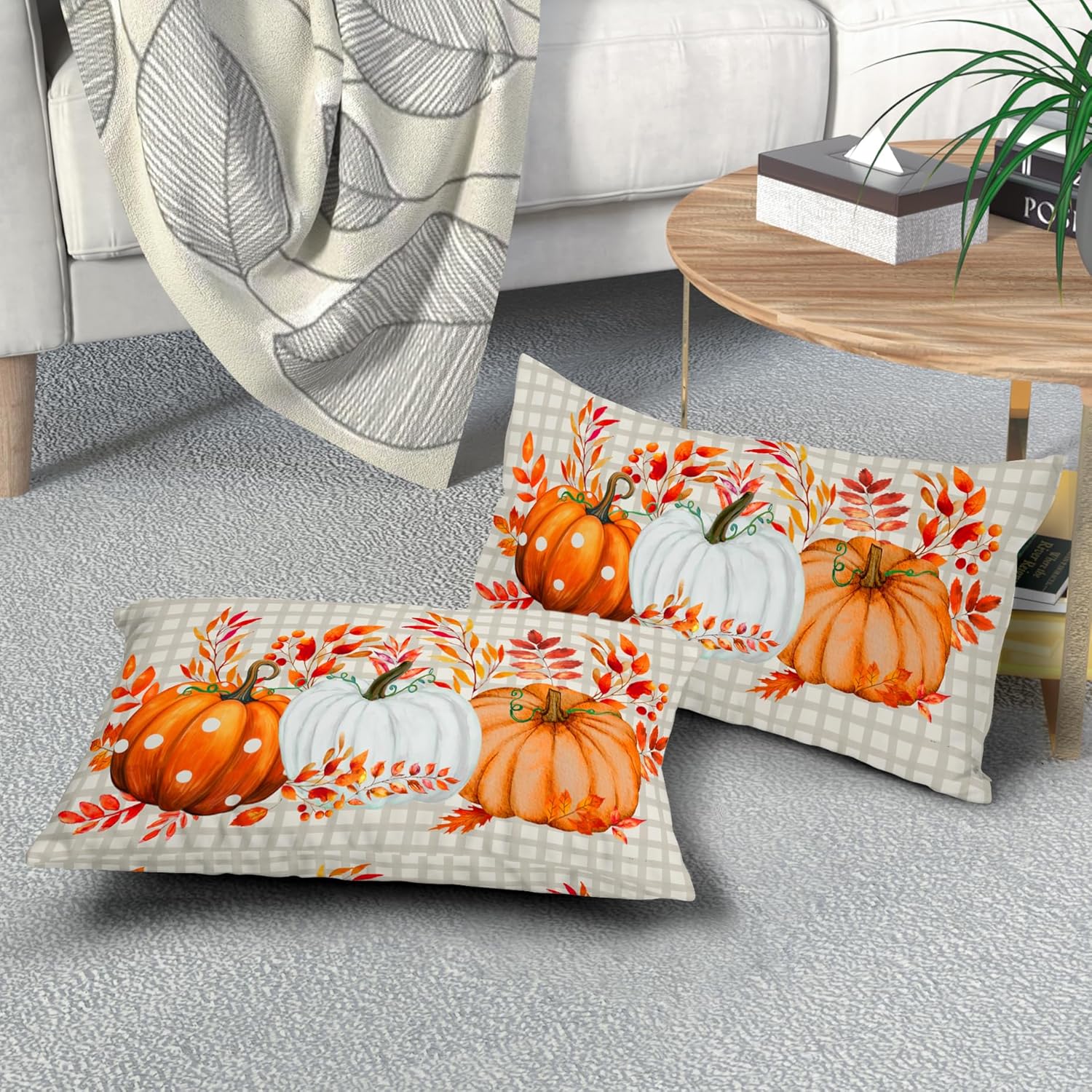 Juego de 2 fundas de almohada de otoño de 12 x 20 pulgadas, fundas de almohada de otoño de Acción de Gracias, calabaza, búfalo, a cuadros, almohadas