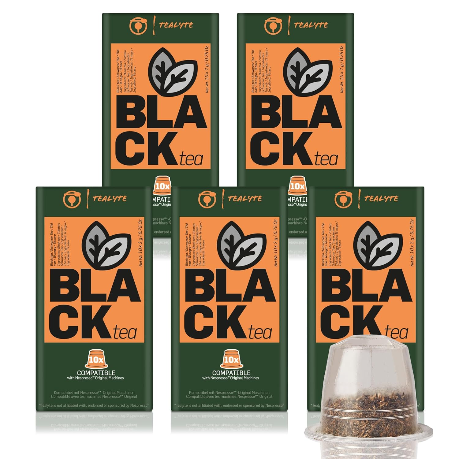 TEALYTE 50 cápsulas de té Nespresso compatibles – I Cápsulas de té negro I compatibles con máquinas Nespresso de línea original I 5 paquetes