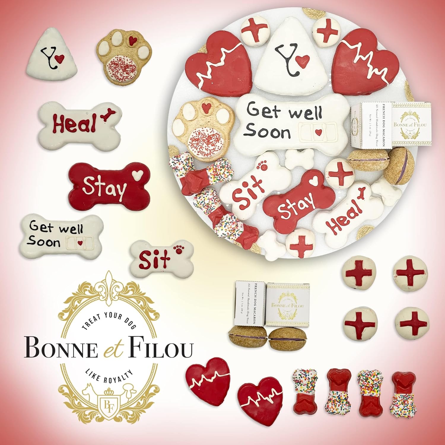 Bonne et Filou – Caja de regalo de golosinas para perros con temática de Get Well Soon – Golosinas gourmet de lujo para perros, 21 golosinas