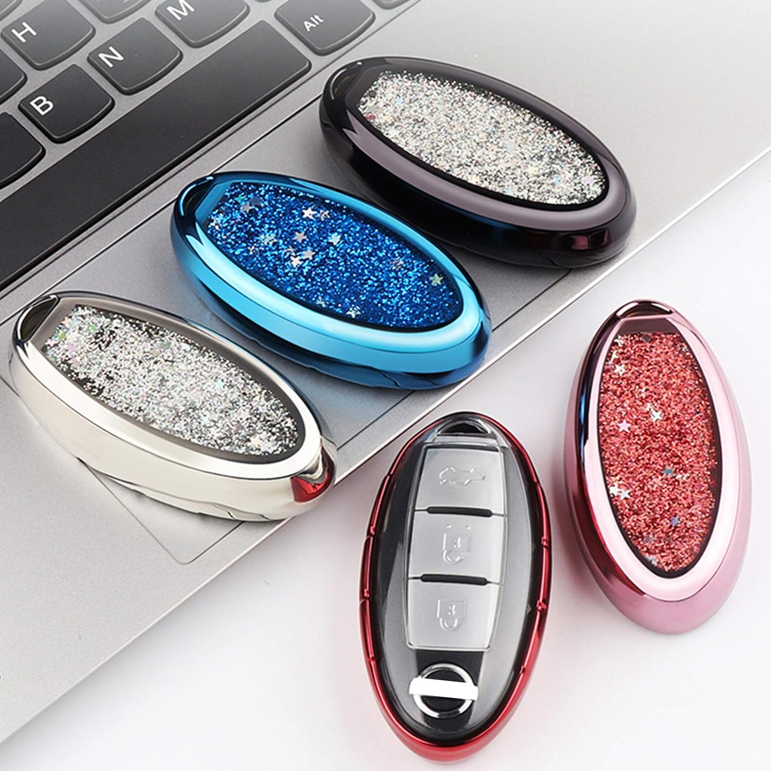 QBUC Funda para llavero Nissan, 3, 4, 6 botones, con llavero, llavero de repuesto (azul brillante)
