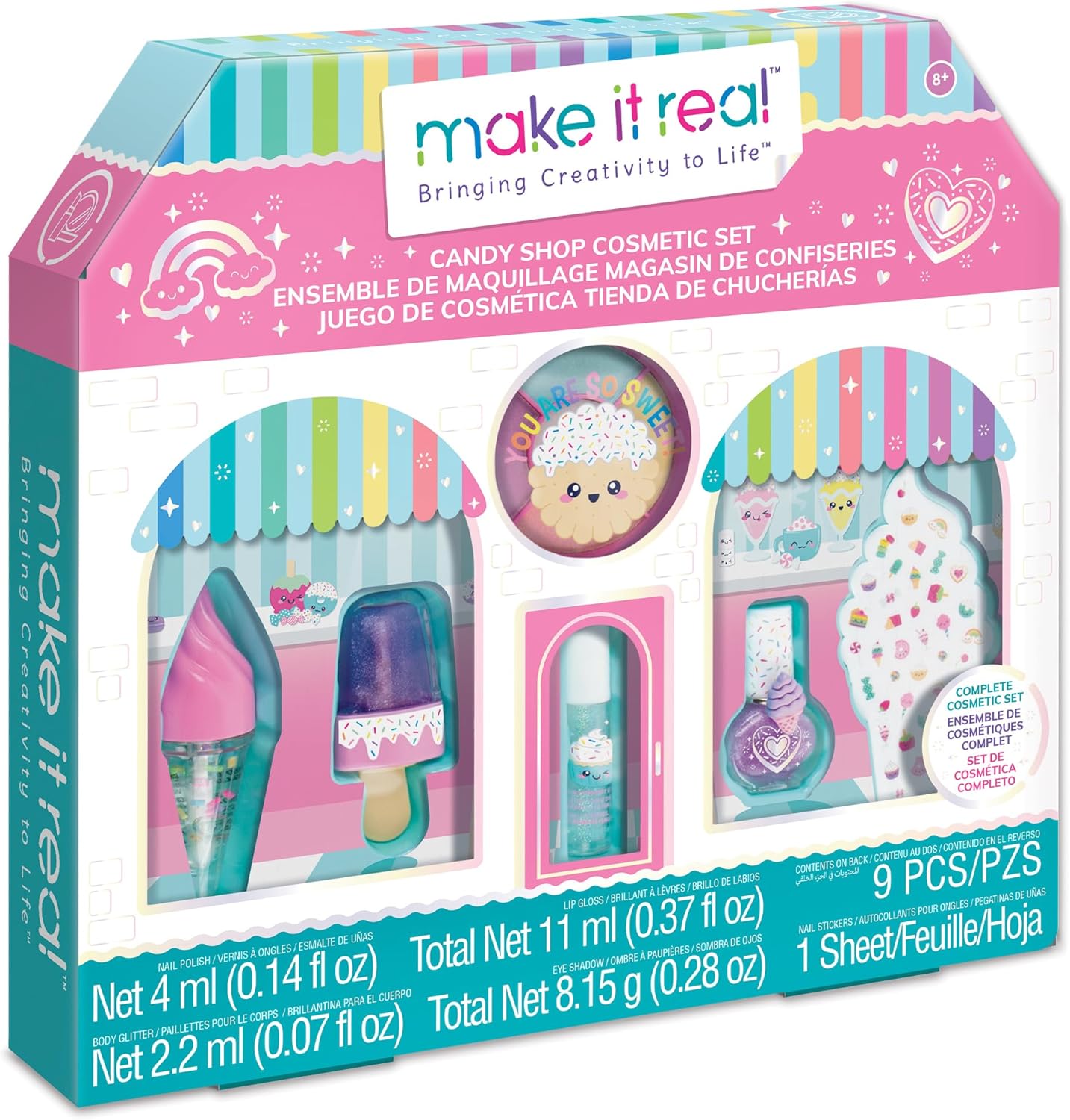 Make It Real Candy Shop – Juego de cosméticos  9 piezas, cosméticos perfumados de vainilla y fresa, brillos en forma de helado, kit de belleza,