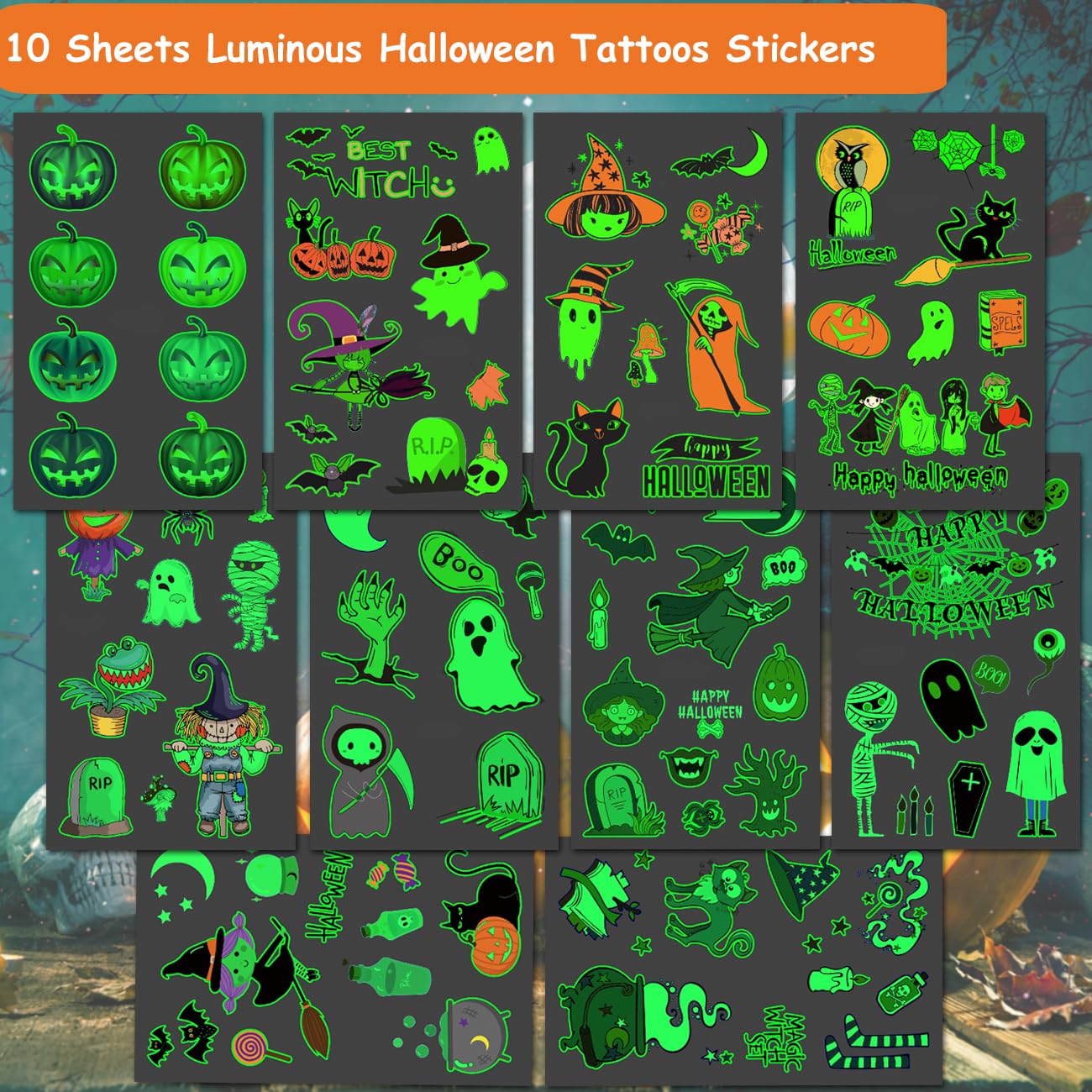 CHARLENT Tatuajes temporales luminosos de Halloween para suministros de fiesta de niños, 100 estilos que brillan en la oscuridad de Halloween,