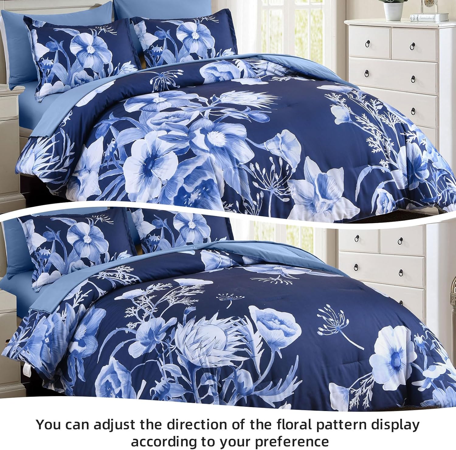 Luxudecor Juego de edredón floral tamaño King de 7 piezas, cama de flores azul marino en una bolsa, elegante edredón floral con juego de sábanas,