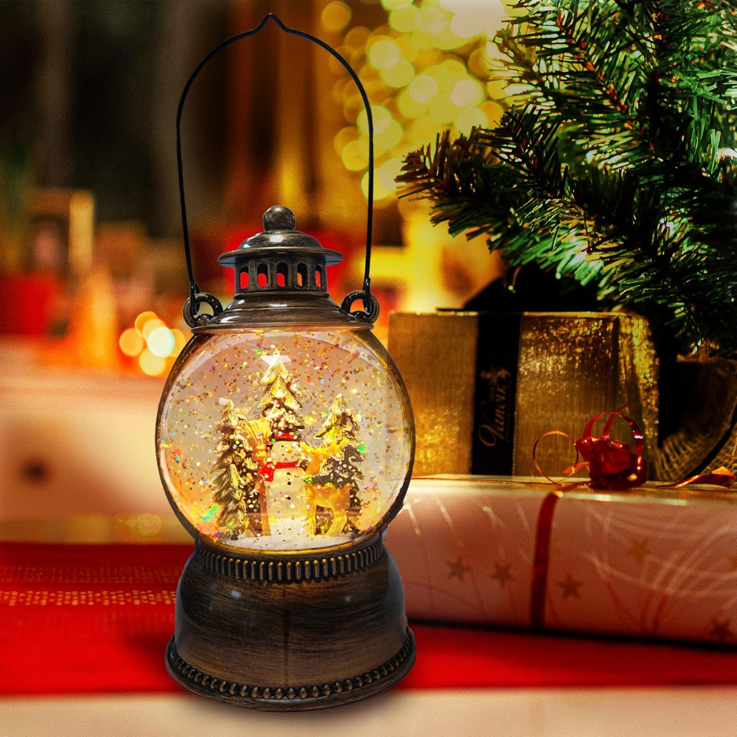 Linterna de Navidad, globo de nieve de Navidad, decoraciones de Navidad, linternas de agua con purpurina giratoria, árbol de Navidad iluminado