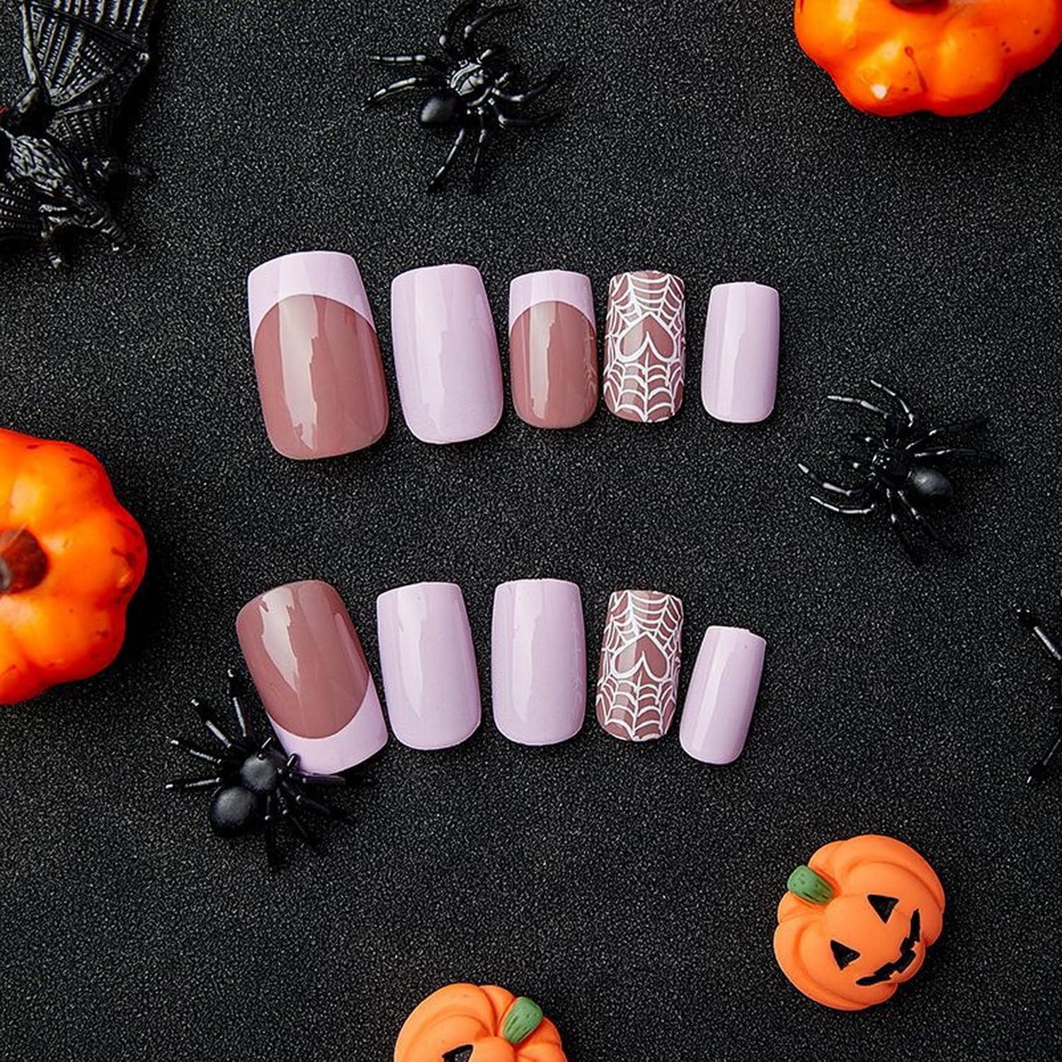 Uñas postizas a presión de Halloween, cuadradas, medianas, uñas postizas acrílicas de punta francesa rosa con diseños de telaraña de corazón, uñas