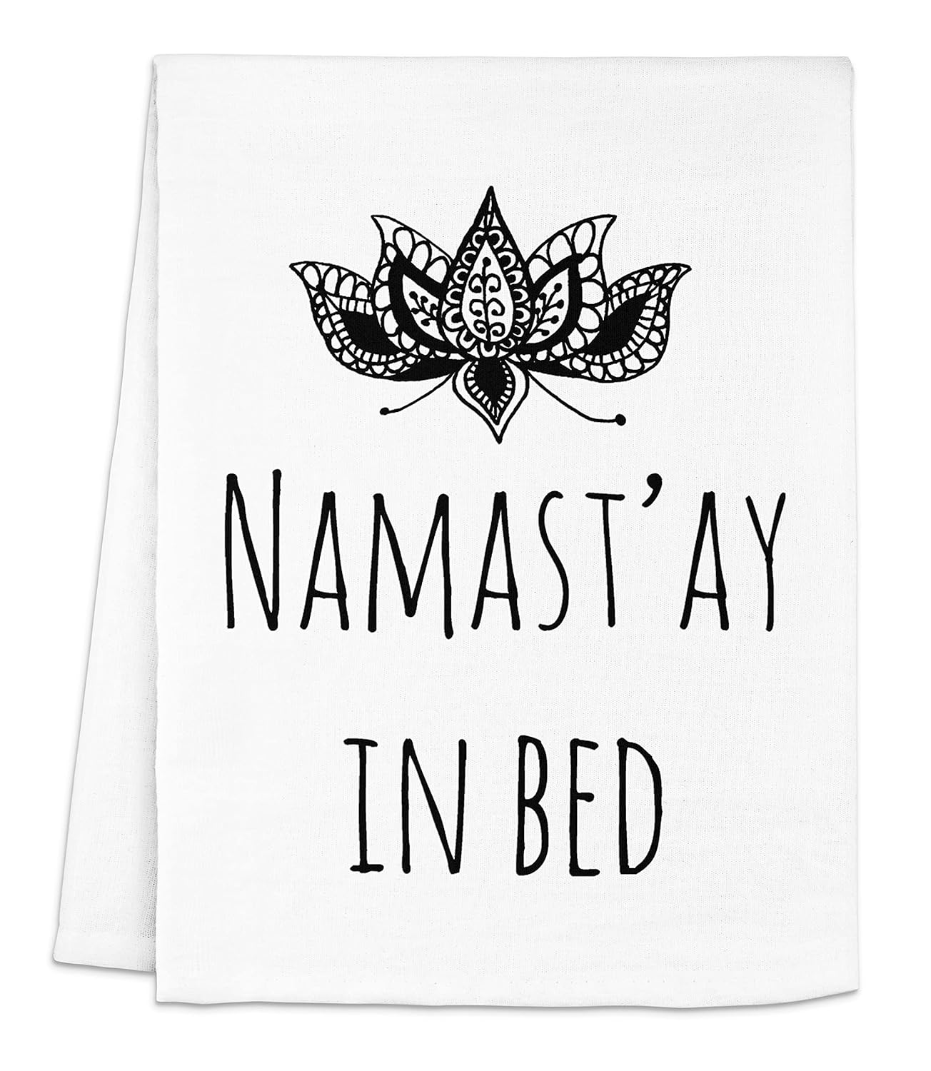 Funny Dish Towel, Namast’ay In Bed, Flour Sack Kitchen Towel, Sweet Housewarming Gift, Farmhouse Kitchen Decor, White or Gray (White)