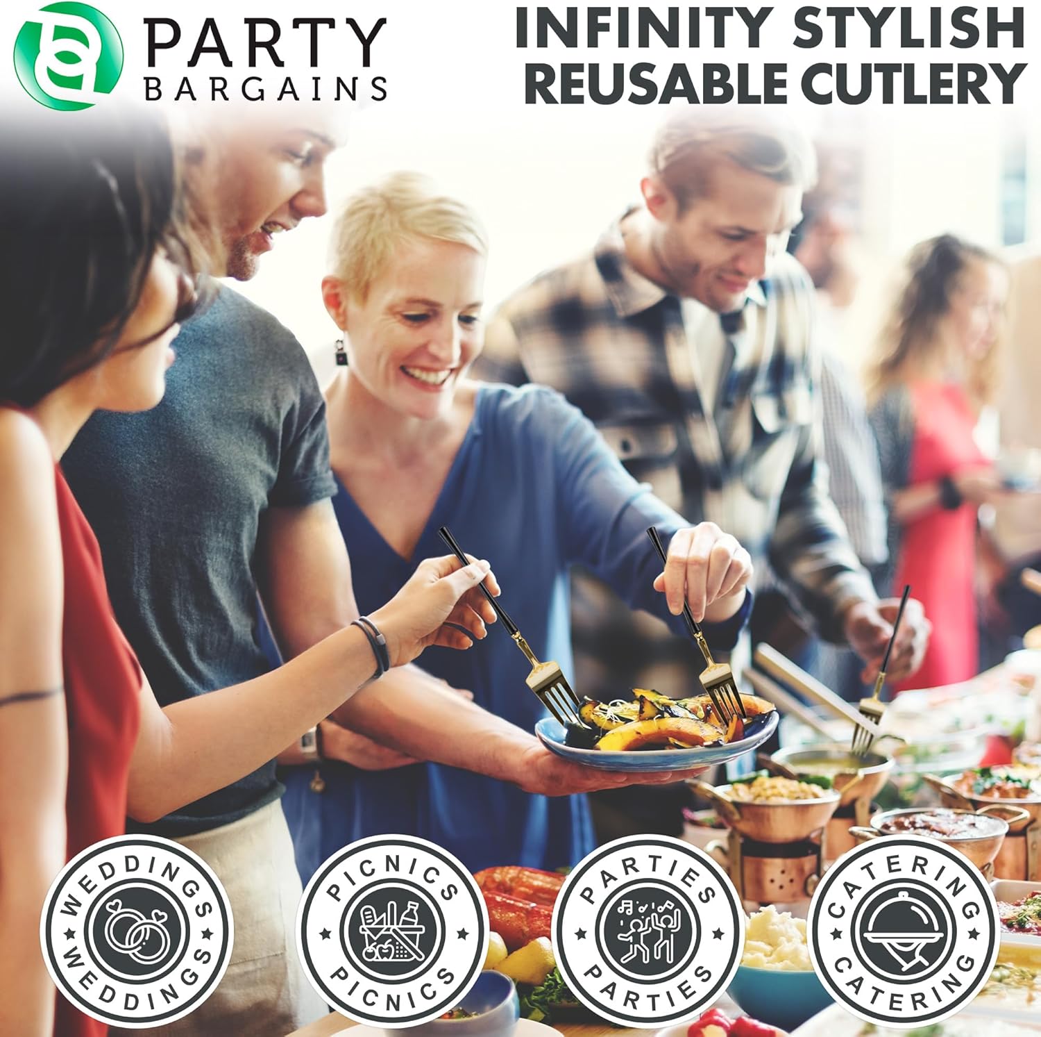 Party Bargains Tenedores desechables de plástico para cena, 20 unidades, negro y dorado, cubiertos de cocina de diseño moderno infinito, perfectos