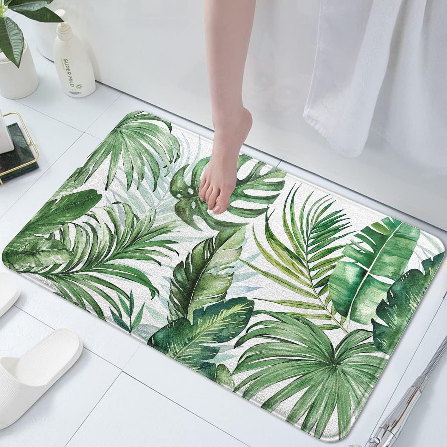 Green Leaf – Alfombra de baño de cachemira de imitación de plantas, de goma, antideslizante, absorbente, suave, para bañera, ducha y fregaderos (17