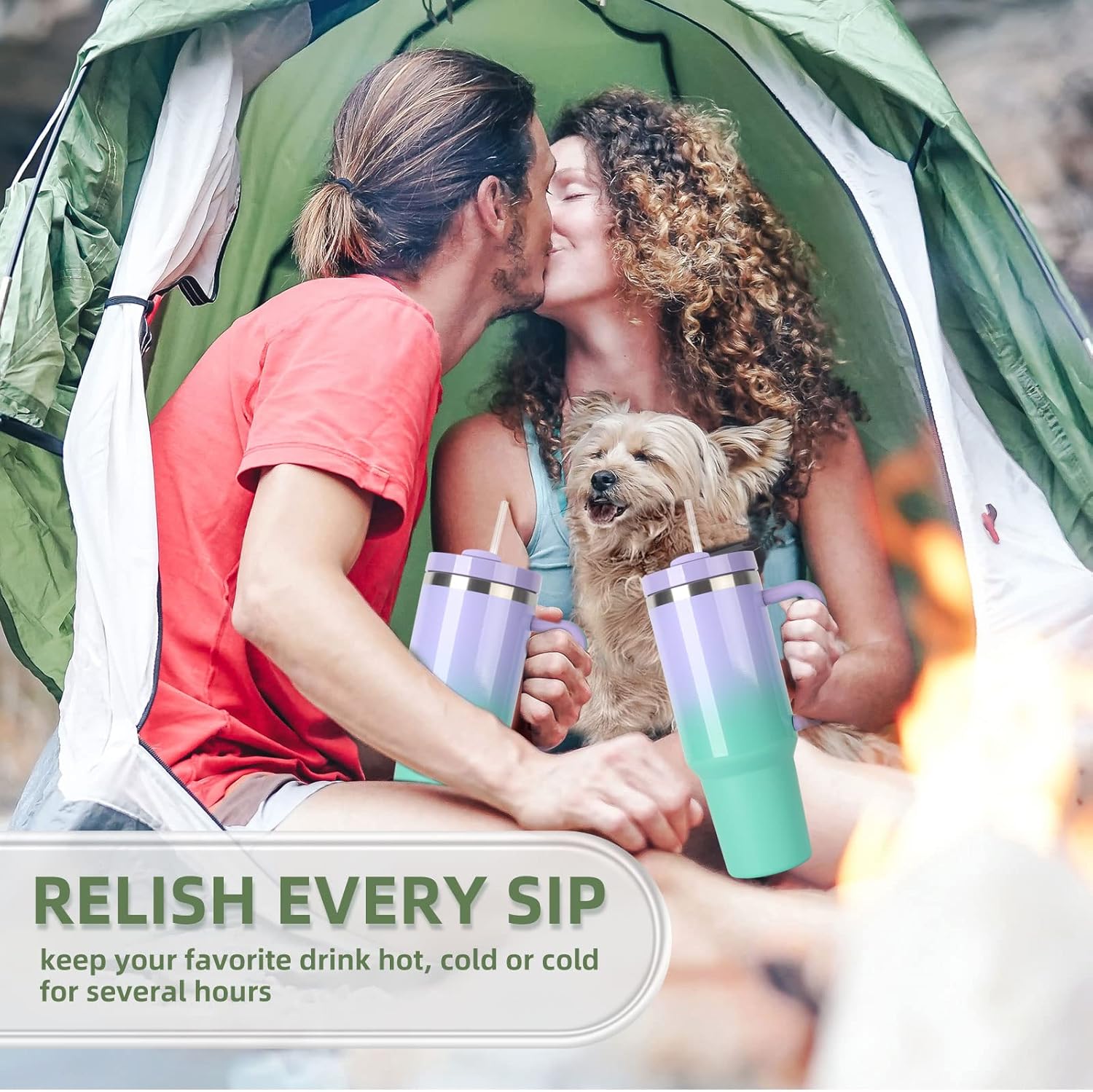 Vaso aislado al vacío 2.0 reutilizable de 40 onzas con asa, con tapa y pajillas, mantiene el calor frío y el hielo durante horas (verde maronda)