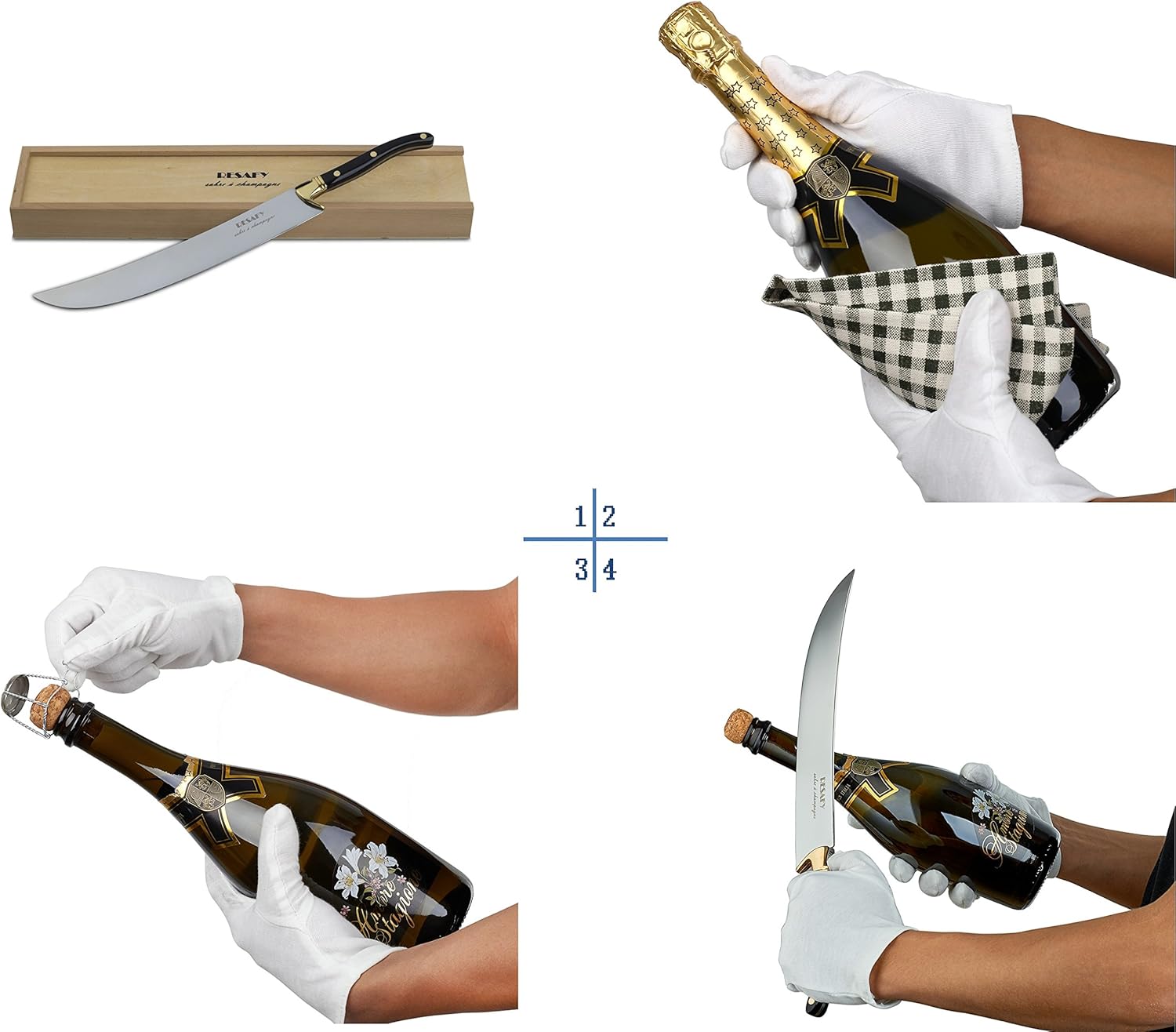 Resafy Abridor de vino espumoso con espada de champán, abridor de champán con estuche de regalo de madera