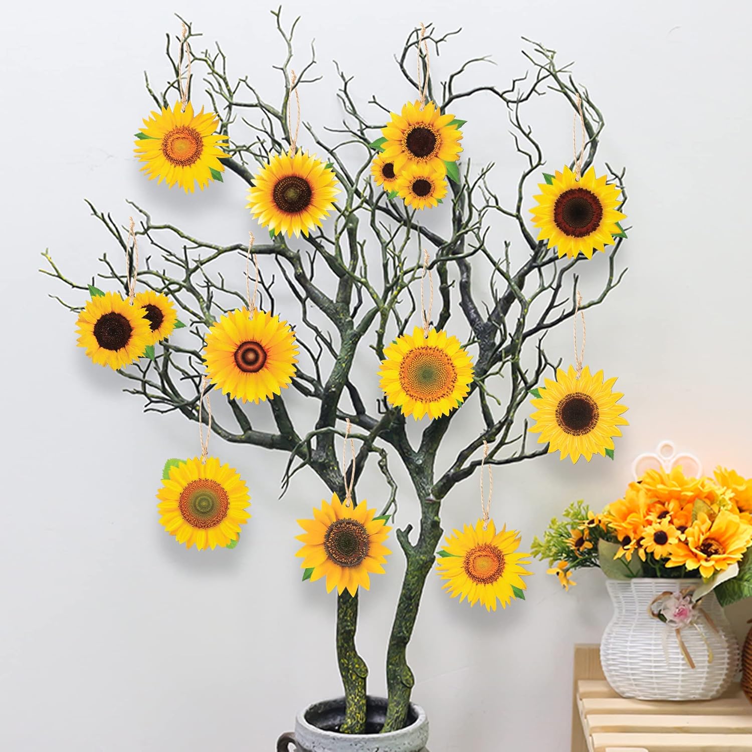WATINC Juego de 31 adornos colgantes de madera de girasol para primavera y verano, decoración colgante de madera de girasoles, decoración rústica de