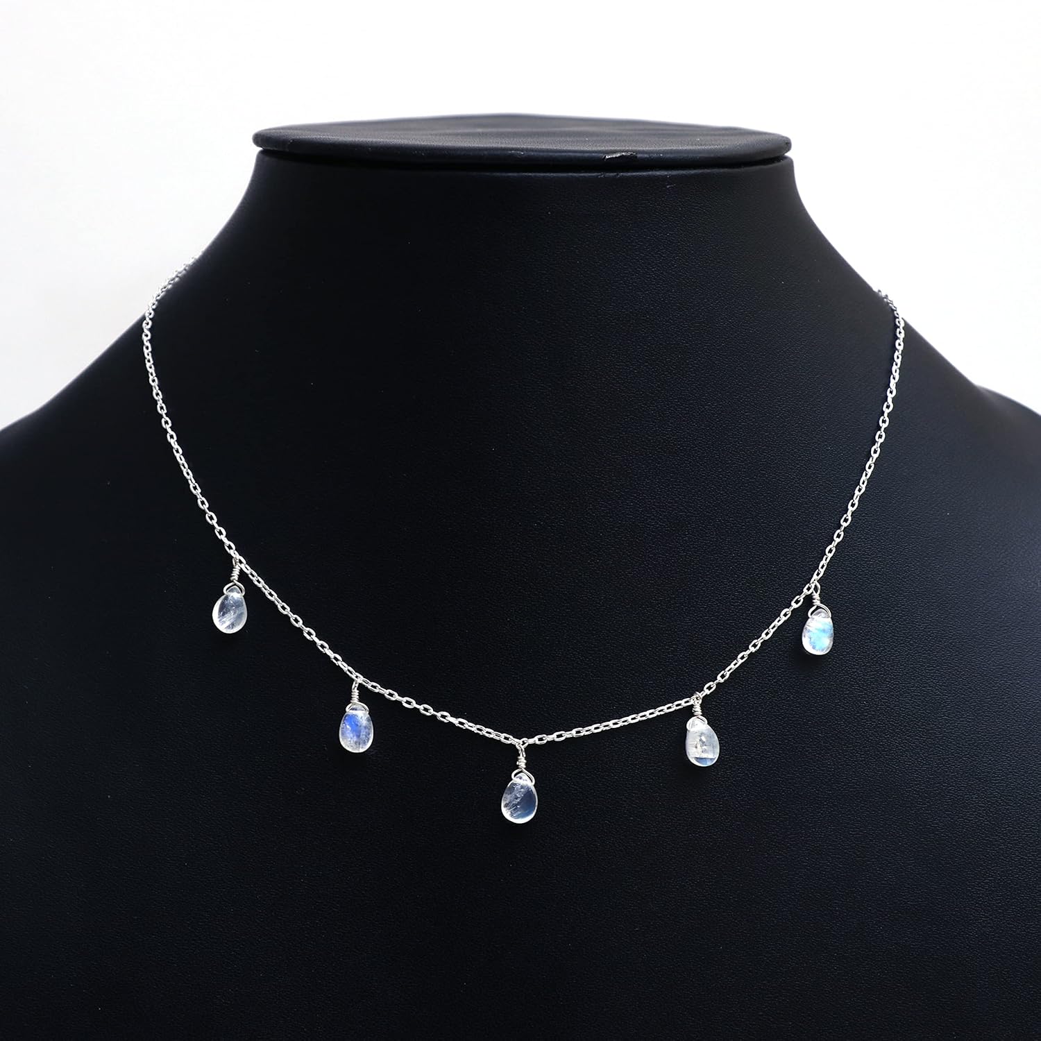Natural Moonstone Pear Drop Necklace, 925 Sterling Silver Boho Jewelry For Women 16 + 2 Inch Adjustable (Moonstone)
