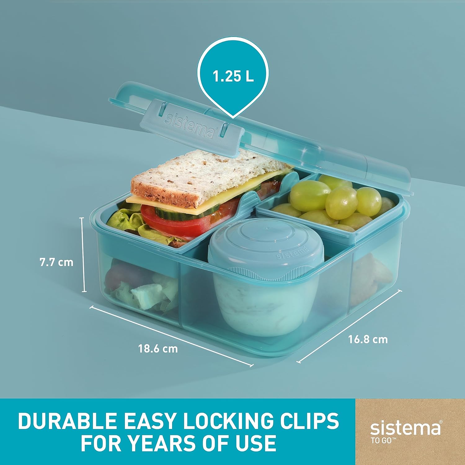 Sistema Bento Box To Go – Fiambrera con yogurmaceta de frutas 1,25 L, hecha con plástico reciclado, reciclable con piedra verde azulado