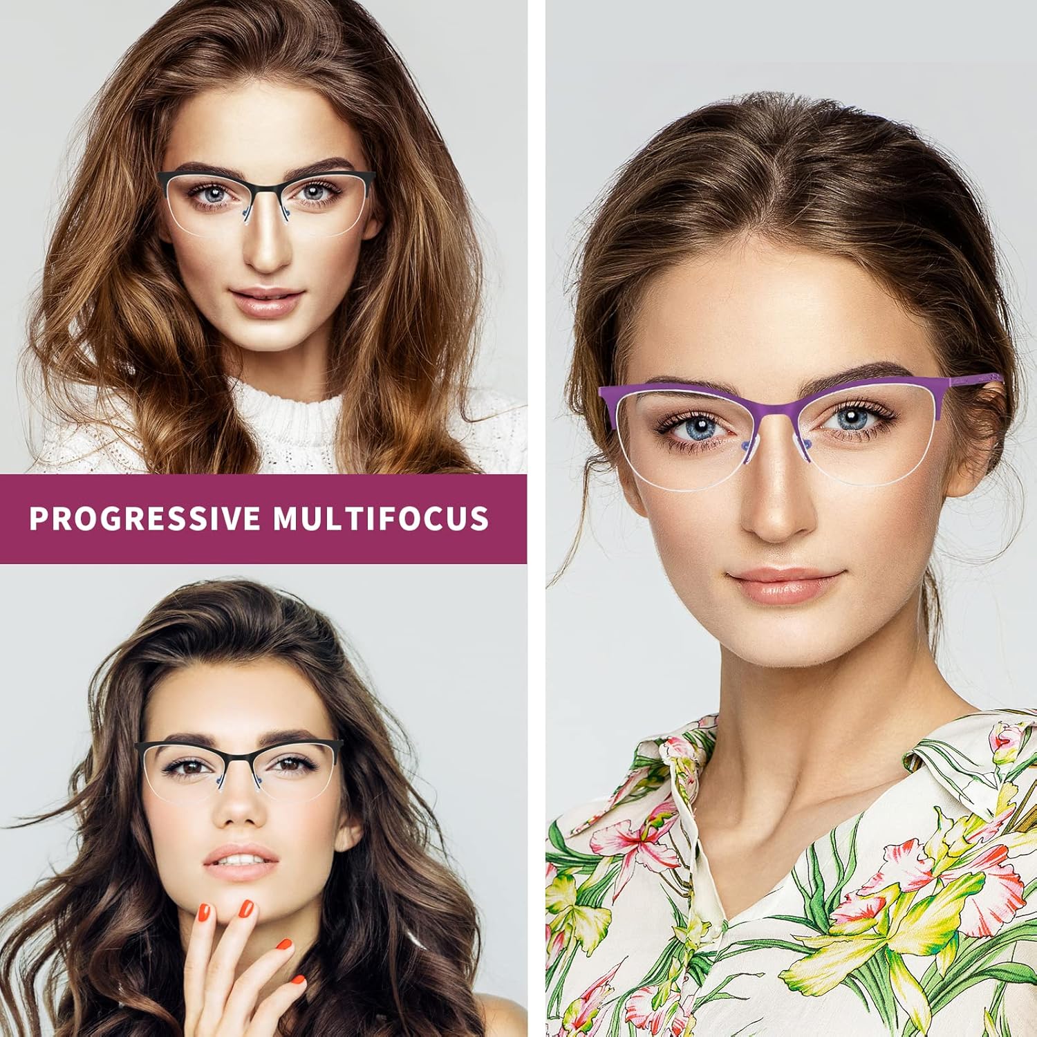 Gafas de lectura multifocales para mujer, progresivas multifocales, luz azul, lector de computadora, ojo de gato, metal, medio marco, sin línea