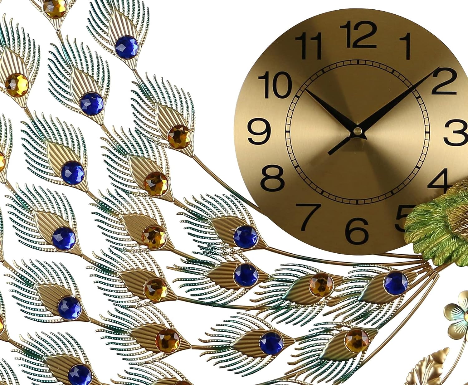 Reloj de pared grande de pavo real con hermosos detalles de cristal