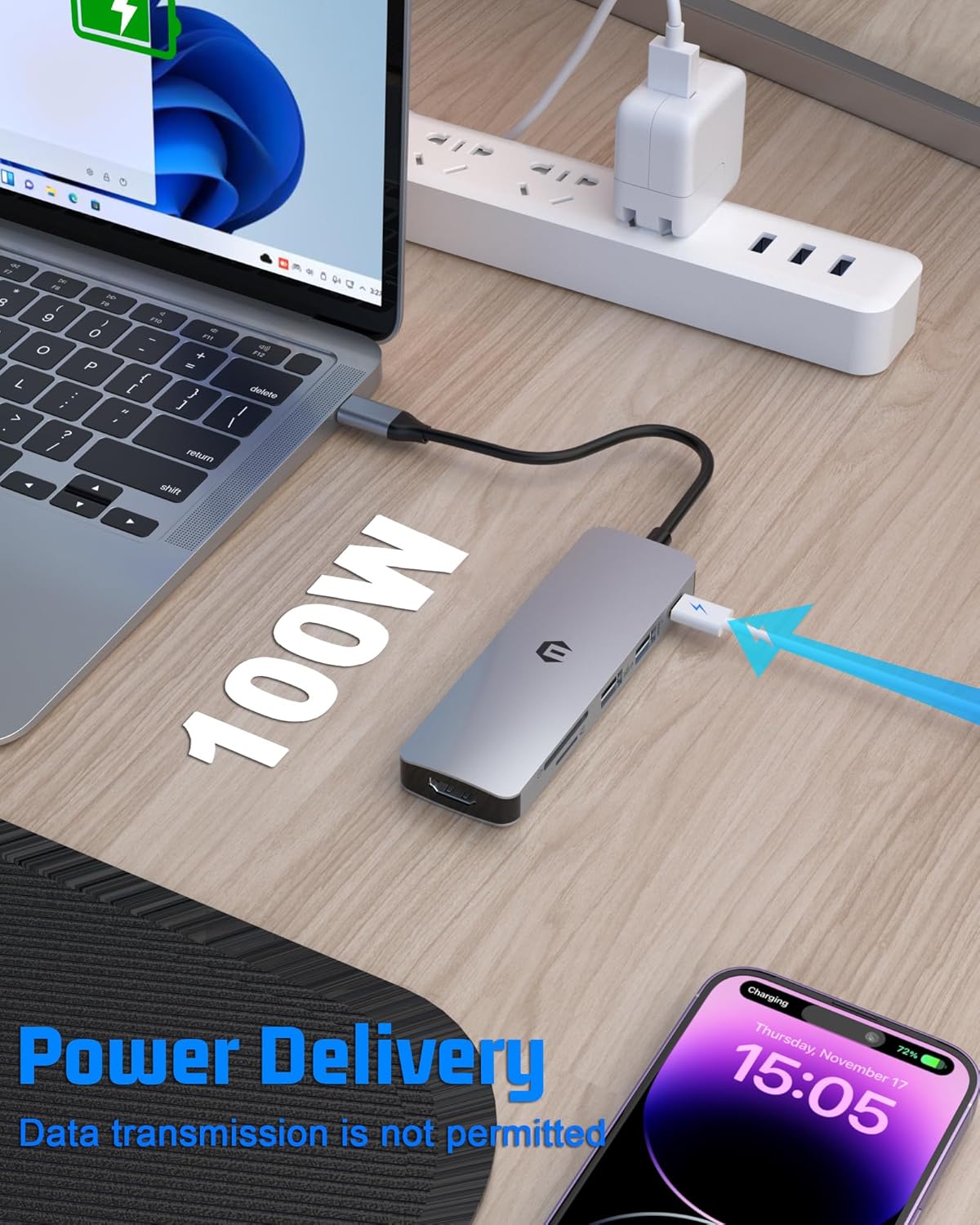 Estación de acoplamiento, concentrador USB-C 6 en 1 TOTU que permite impresionantes pantallas HDMI 4K, transferencias de archivos ultrarrápidas de 5