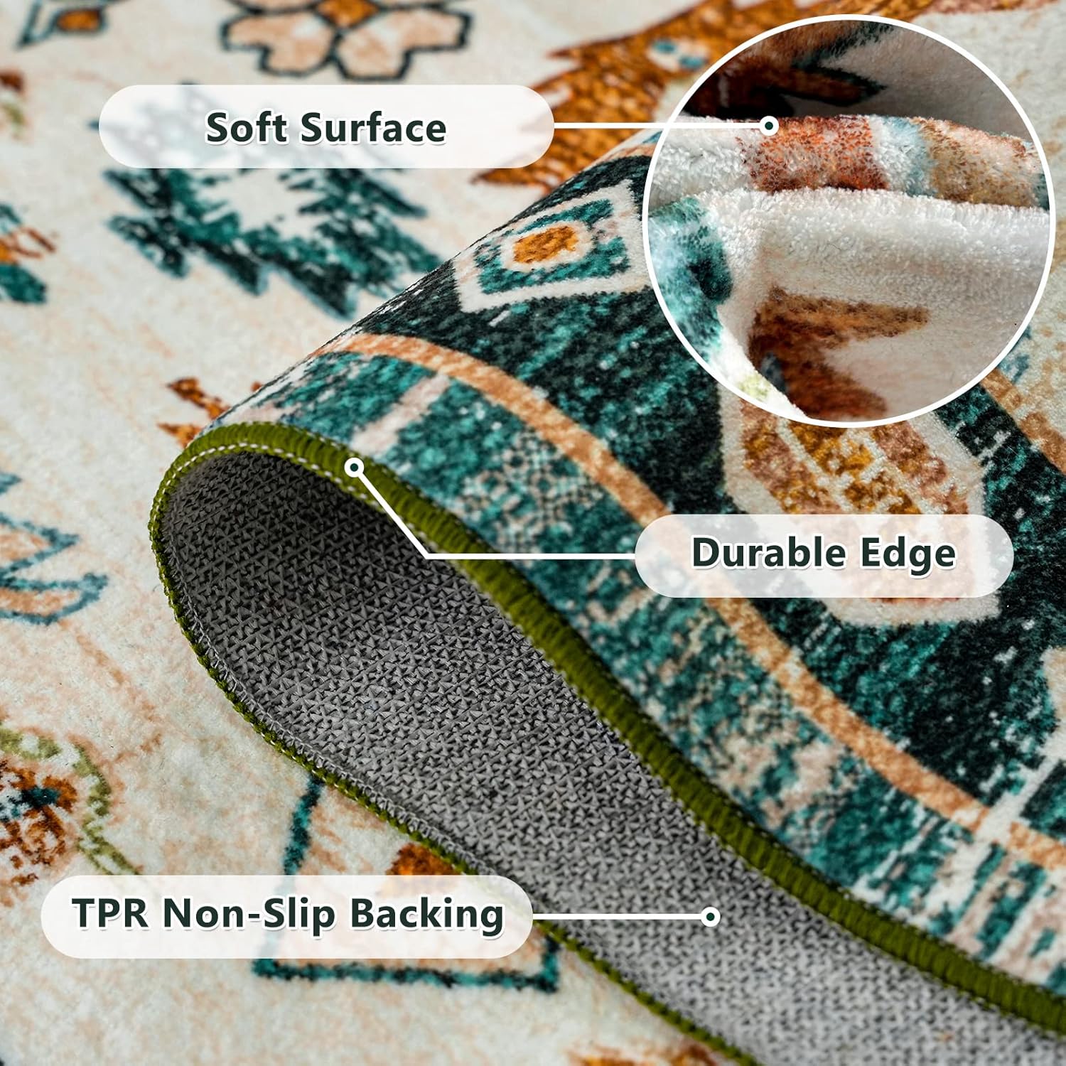 CHOSHOME Alfombra de área  Alfombra vintage de pelo bajo de 2 x 6 pies, lavable a máquina, con parte trasera antideslizante, no desprende pelusa,