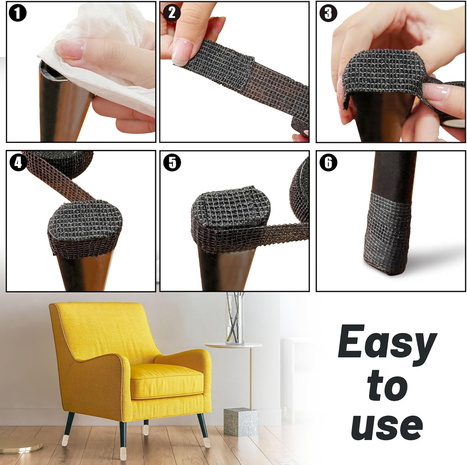 Paquete de 8 protectores de suelo para patas de silla, cinta antideslizante silenciosa, cinta protectora de suelo de muebles, silenciosa y