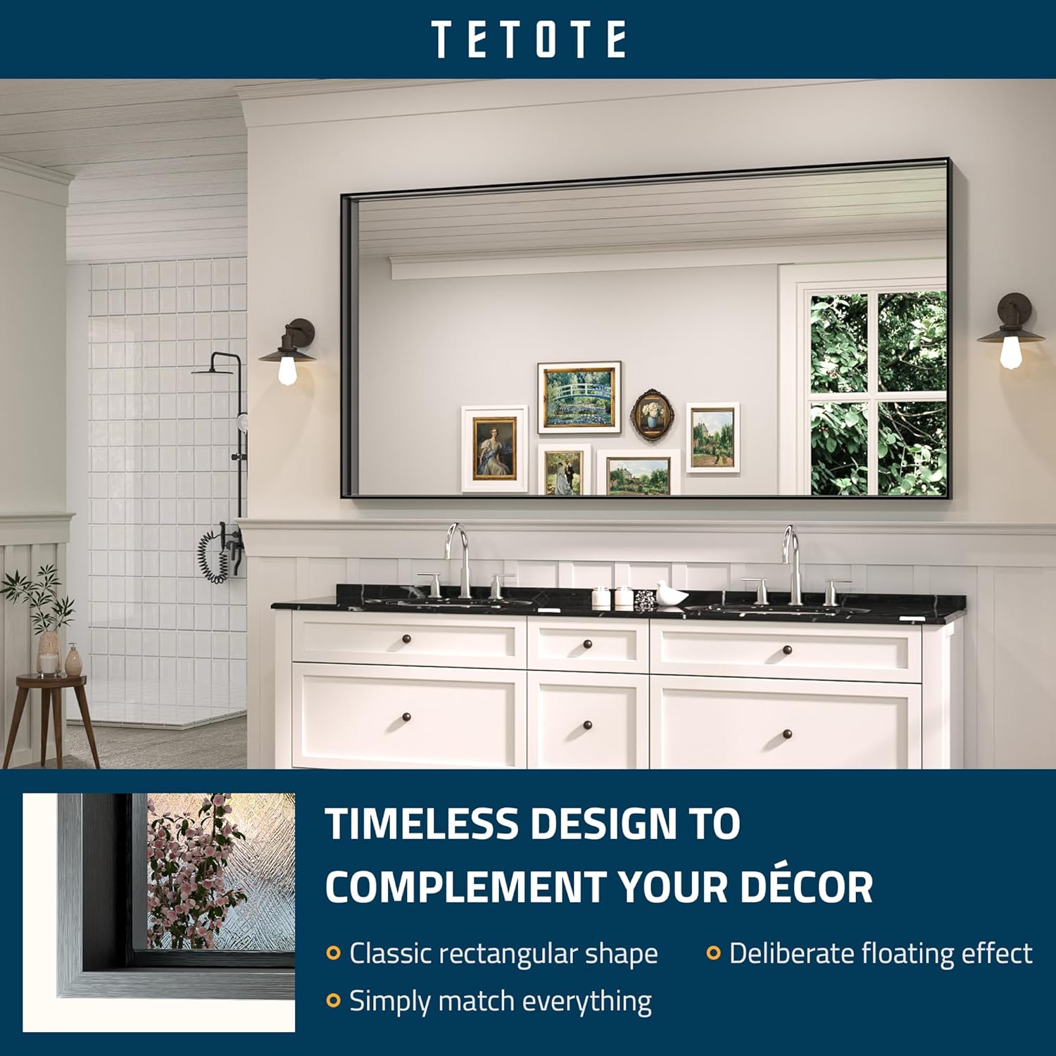 TETOTE Espejo de pared grande rectangular de 72 x 36 pulgadas con marco negro mate, marco de metal negro mate, espejo de baño moderno de granja,
