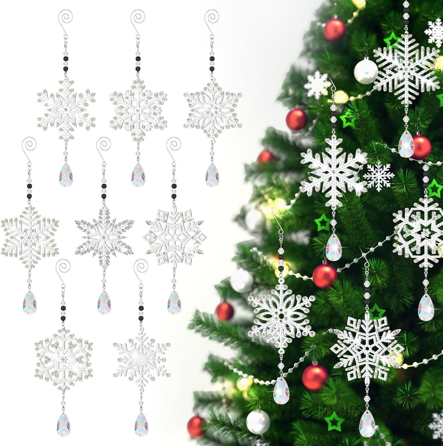 Uiifan 8 piezas de adornos de pintura de diamantes de copos de nieve, pintura de diamantes de Navidad, campanillas de viento, kits de arte de