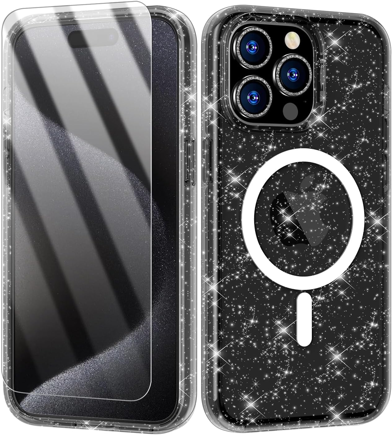 Funda magnética brillante para iPhone 15 Pro Max compatible con MagSafe, 2 protectores de pantalla y 2 protectores de lente de cámara de diamante,
