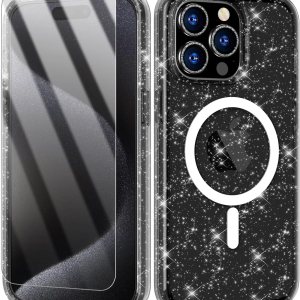 Funda magnética brillante para iPhone 15 Pro Max compatible con MagSafe, 2 protectores de pantalla y 2 protectores de lente de cámara de diamante, Funda magnética brillante para iPhone 15 Pro Max compatible con MagSafe, 2 protectores de pantalla y 2 protectores de lente de cámara de diamante,