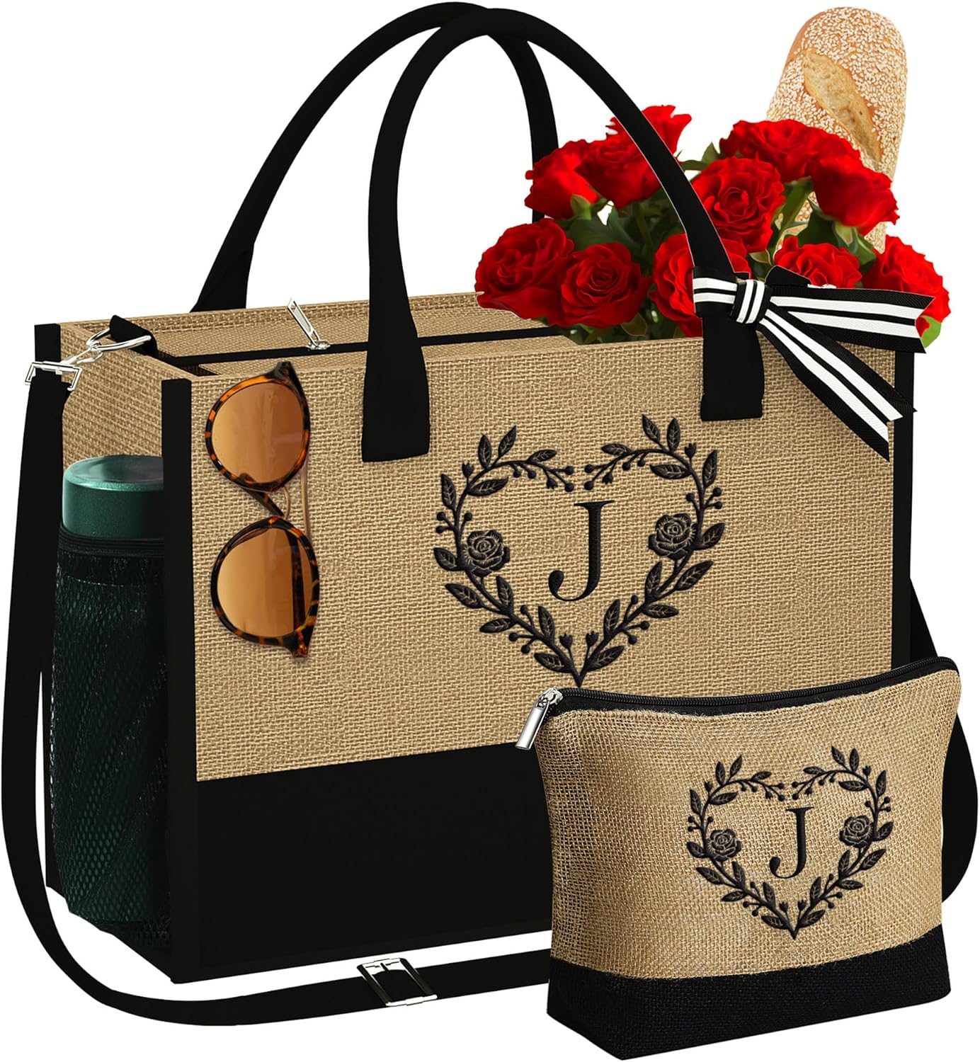 Regalos personalizados para mujeres, bolsa de yute con inicial con bolsa de maquillaje, regalos para mujeres, mamá, novia, cumpleaños, Amarillo, 40