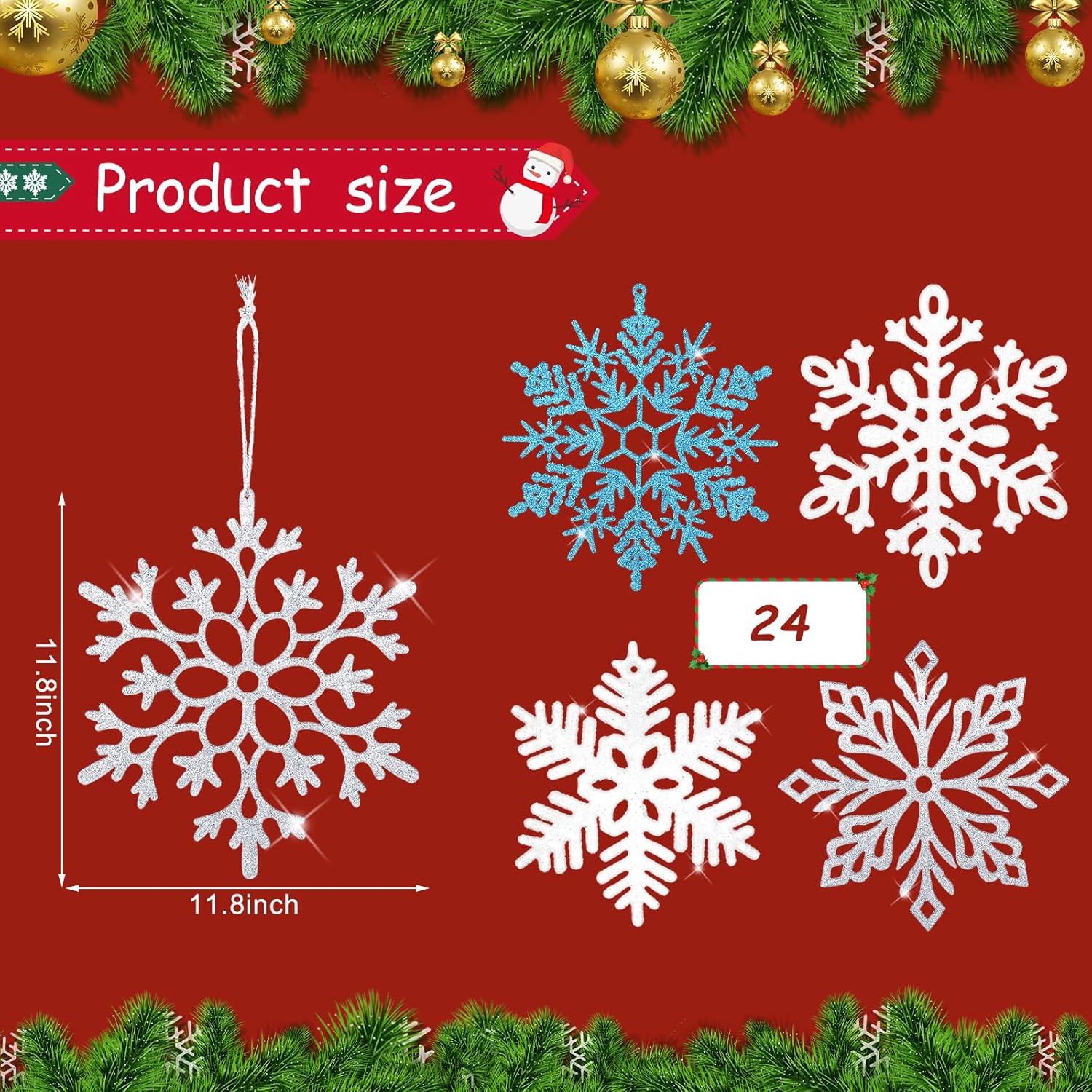 Cindeer 24 adornos grandes de Navidad con copos de nieve de 12 pulgadas, adornos de copos de nieve gigantes para decoración de invierno, árbol de