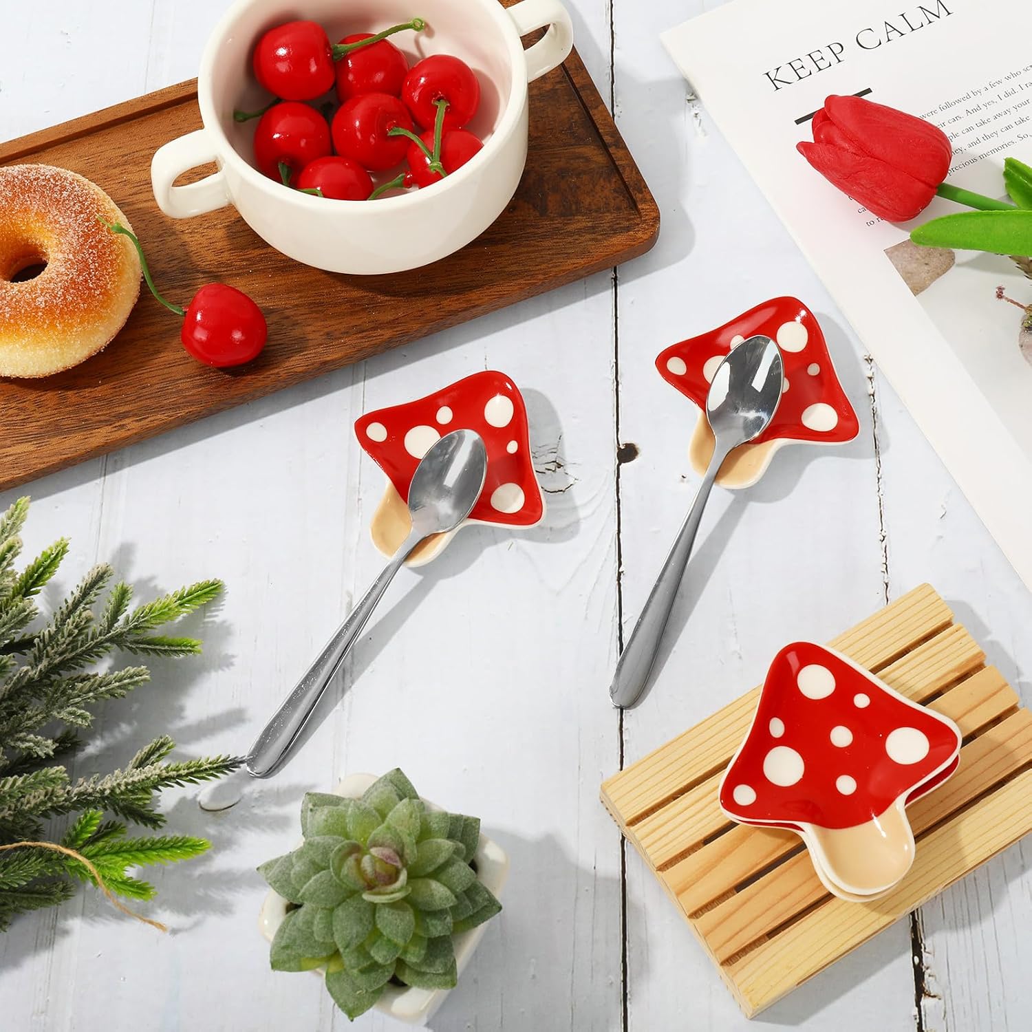 Whaline Soporte para cucharas de hongos de otoño, 4 piezas, soporte para cucharas de cerámica de hongos rojos, plato de anillo para cocina, hogar,