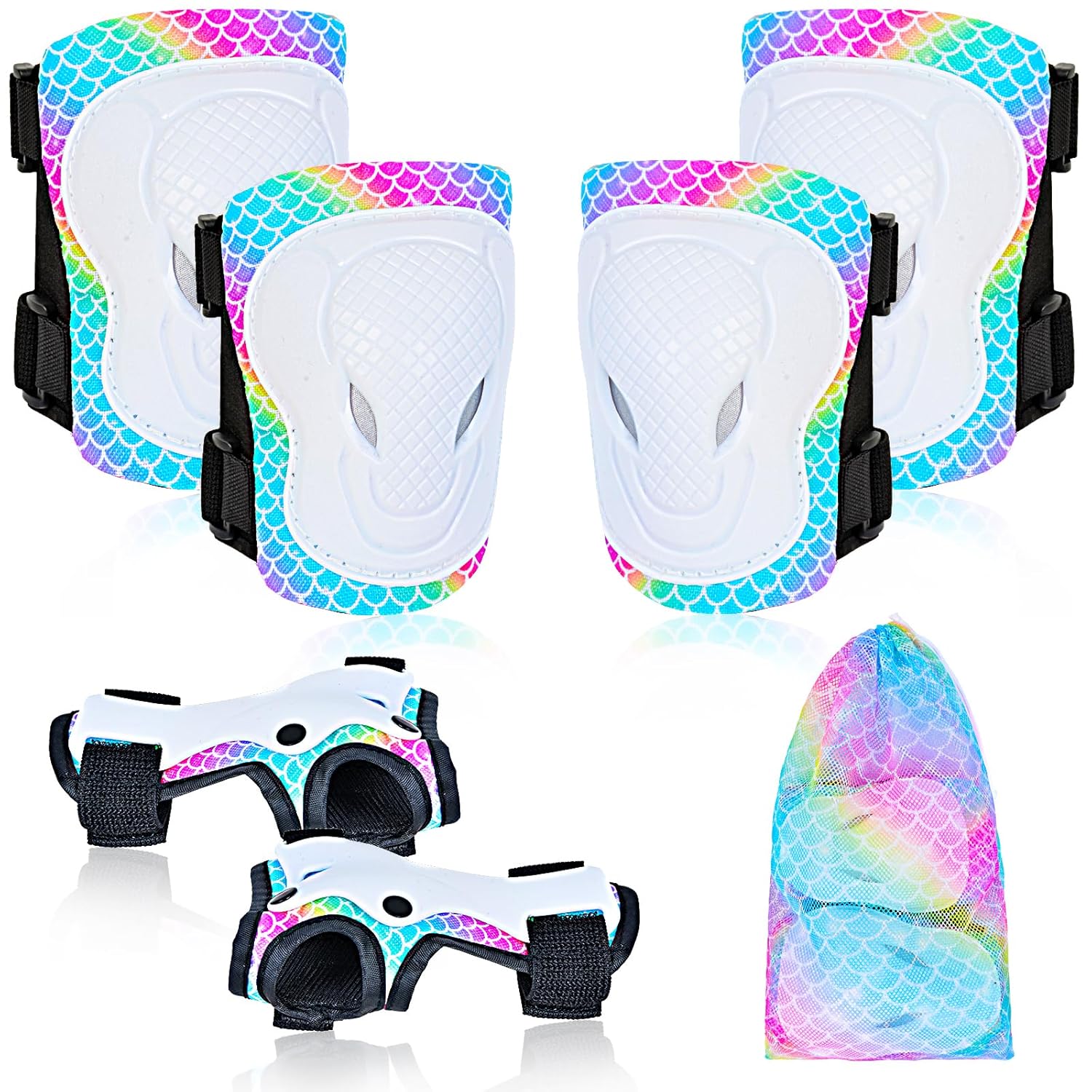 Rodilleras para niños, coderas, muñequeras con bolsa de malla con cordón, juego de equipo de protección 7 en 1 para niñas y niños para patinaje,