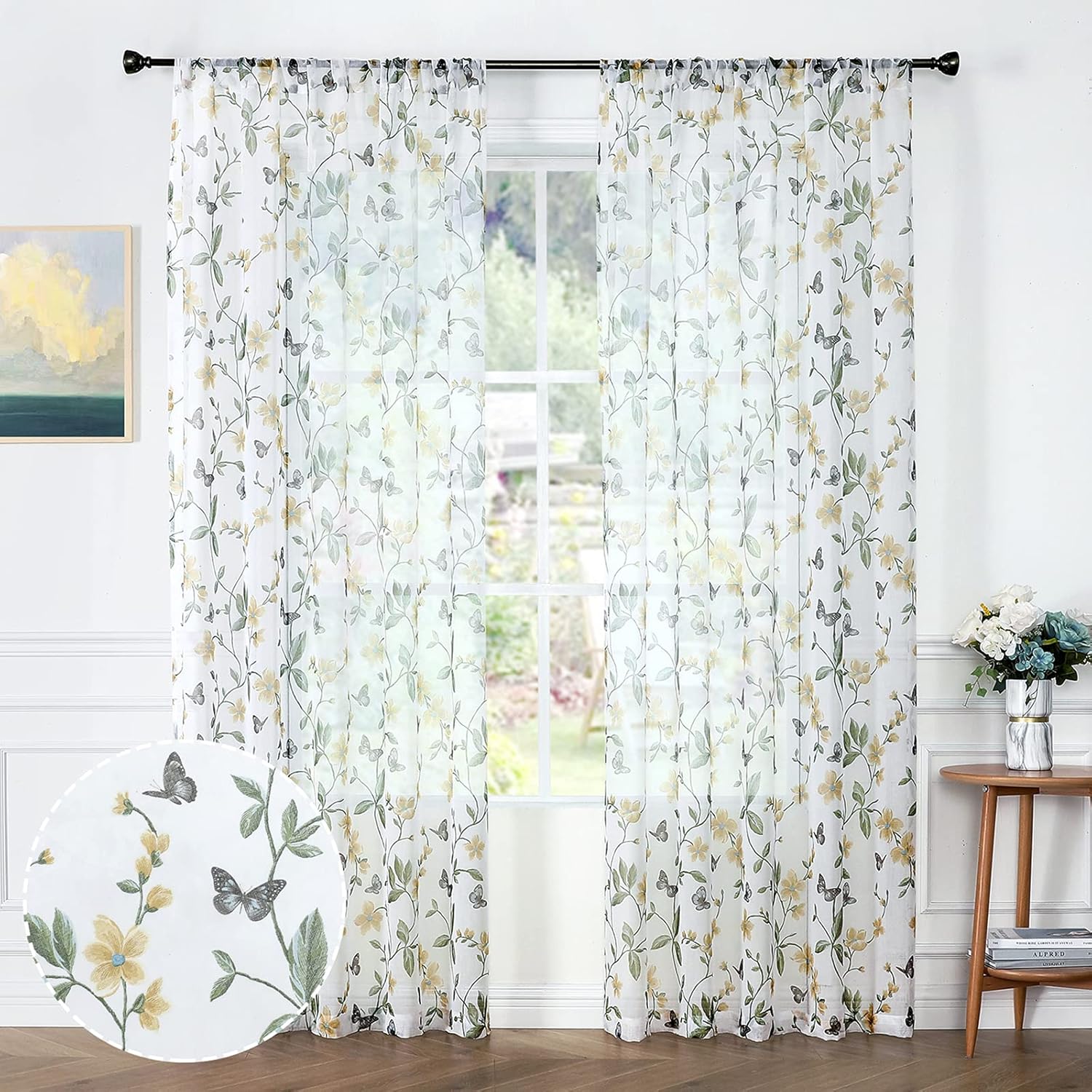 Tollpiz – Cortina floral transparente, con diseño de mariposas y flores para dormitorio, cortina para ventana de lino sintético con barra para