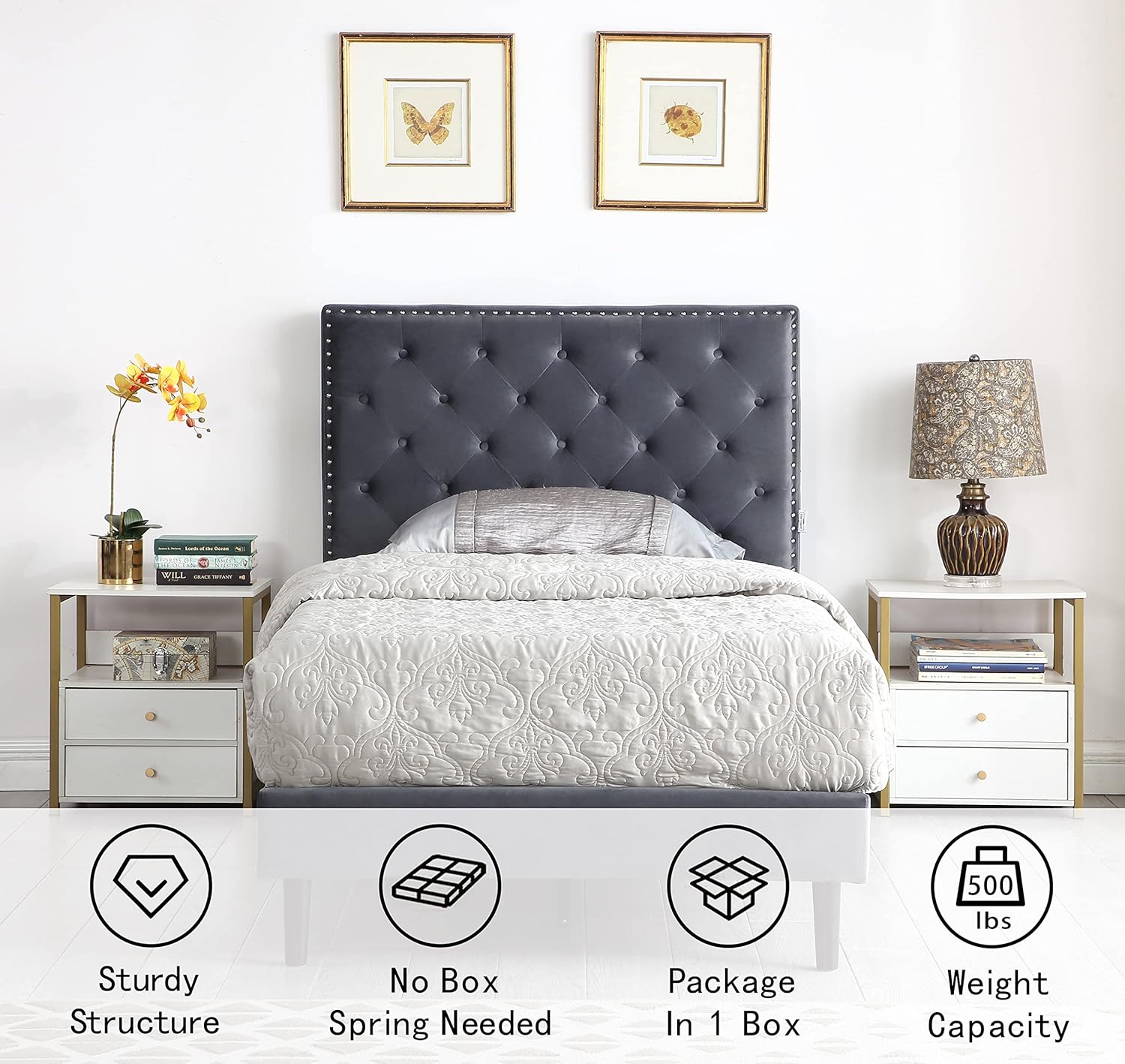 Base de cama de plataforma tapizada individual con cabecero ajustable de 48 pulgadas de alto, cama de terciopelo de gamuza copetuda con botones,