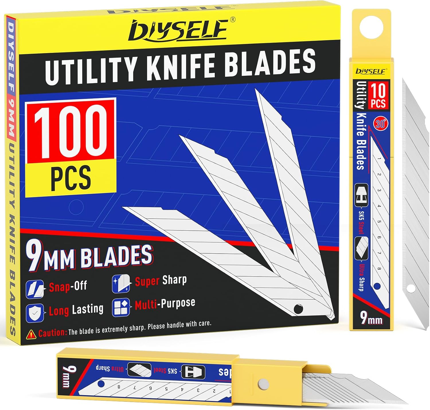 DIYSELF Cuchillas de cuchillo utilitario, paquete de 100 cuchillas de corte de caja, cuchillas de cortador de caja para cuchillo utilitario de hoja