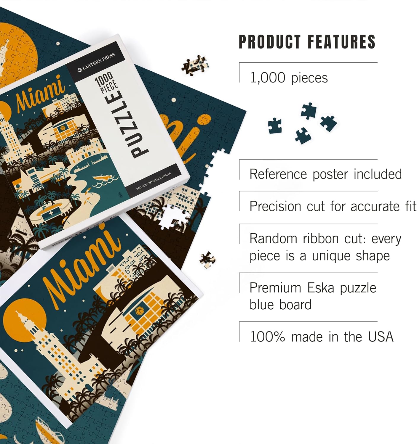 Miami, Florida, Retro Skyline (1000 Piece Puzzle, Challenging Jigsaw Puzzle for Adults, Made in USA)