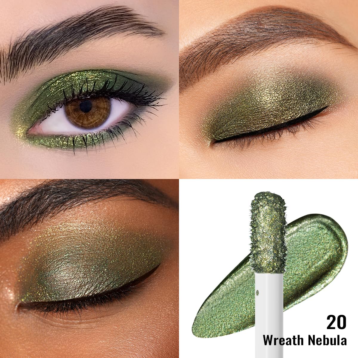 Oulac Sombra de ojos líquida verde, sombra de ojos líquida metálica, delineador de ojos líquido, maquillaje de ojos de Navidad, acabado transparente