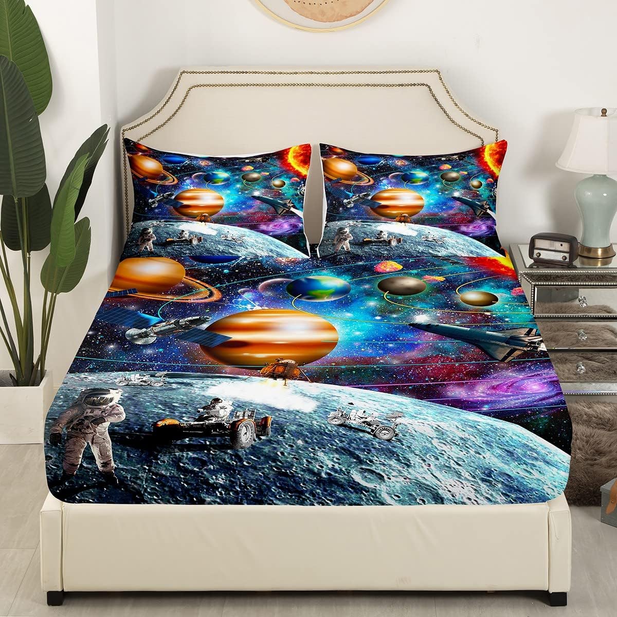 Juego de sábanas bajeras de planeta Tierra con sistema solar para niños, tamaño matrimonial, juego de sábanas de universo, astronauta del zodiaco,