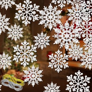 46 piezas de adornos de copo de nieve con purpurina blanca de varios tamaños, decoraciones de árbol de Navidad de plástico con cuerda plateada para 46 piezas de adornos de copo de nieve con purpurina blanca de varios tamaños, decoraciones de árbol de Navidad de plástico con cuerda plateada para