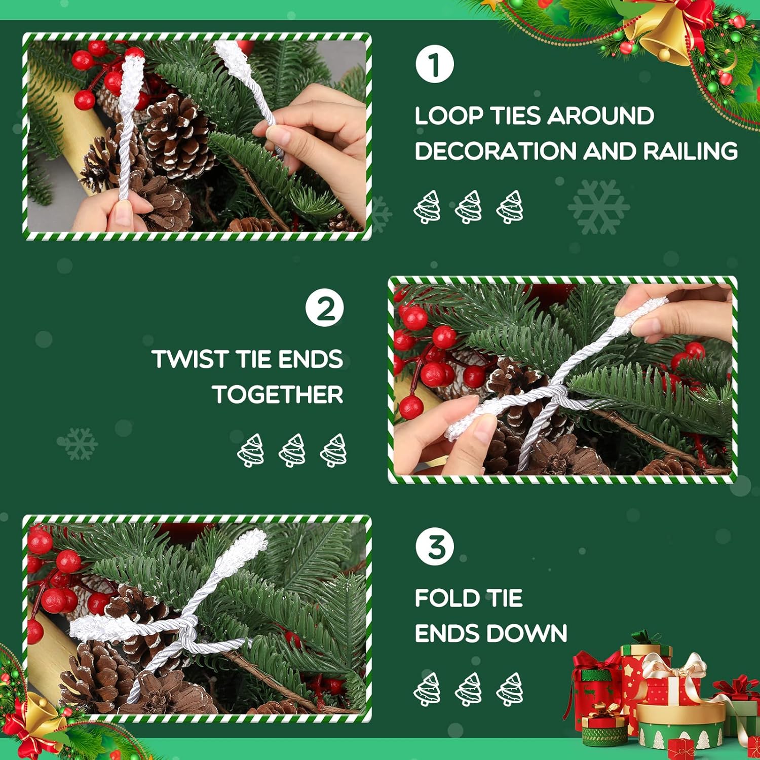 Guirnalda de Navidad de 20 pulgadas, lazos decorativos de Navidad para barandilla, lazos giratorios reutilizables y flexibles para Navidad,