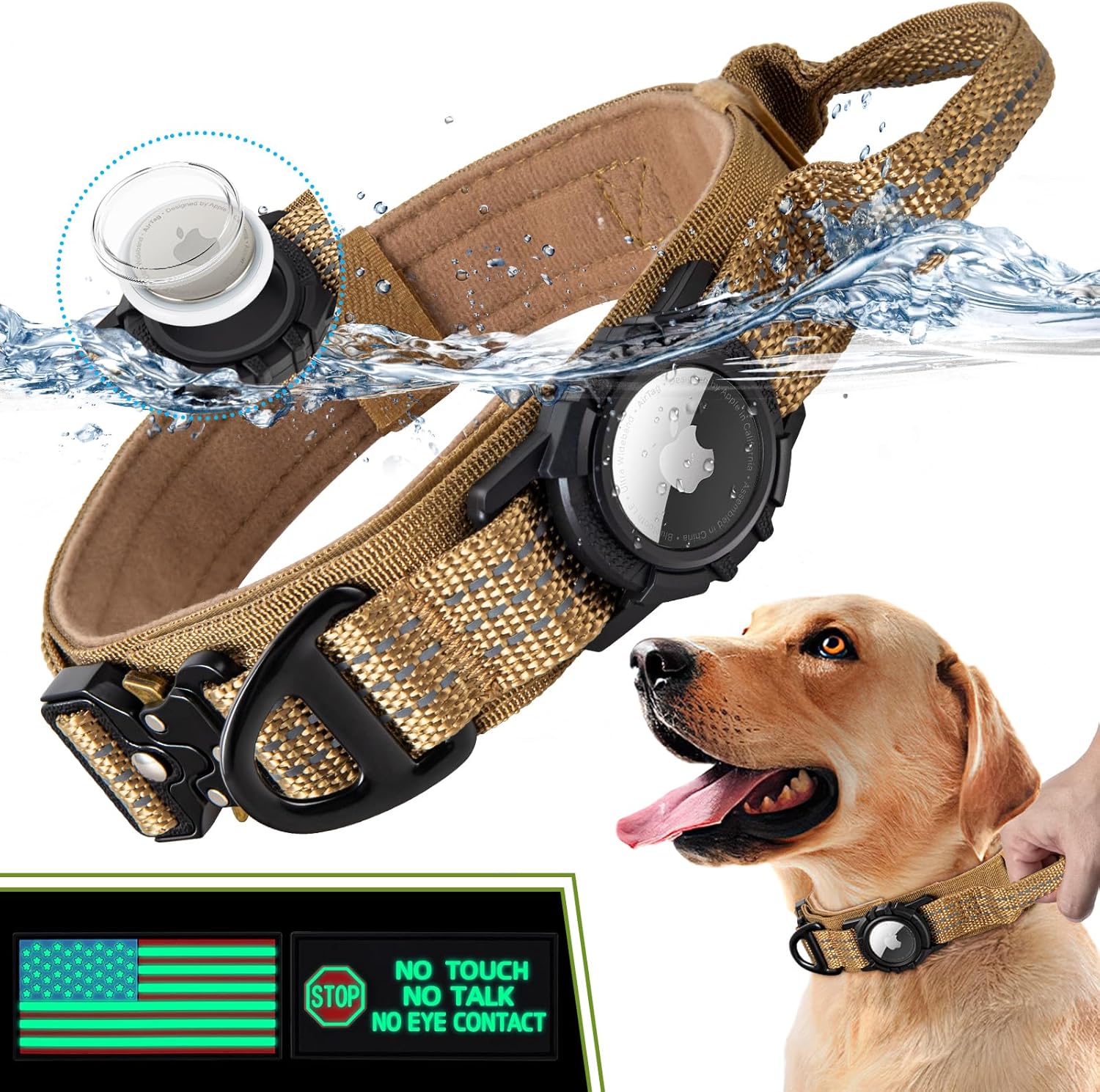 Collar táctico para perro AirTag con soporte impermeable para Airtag  Compatible con Apple Air Tag  Parches de velcro luminosos  Nylon 1000D cómodo