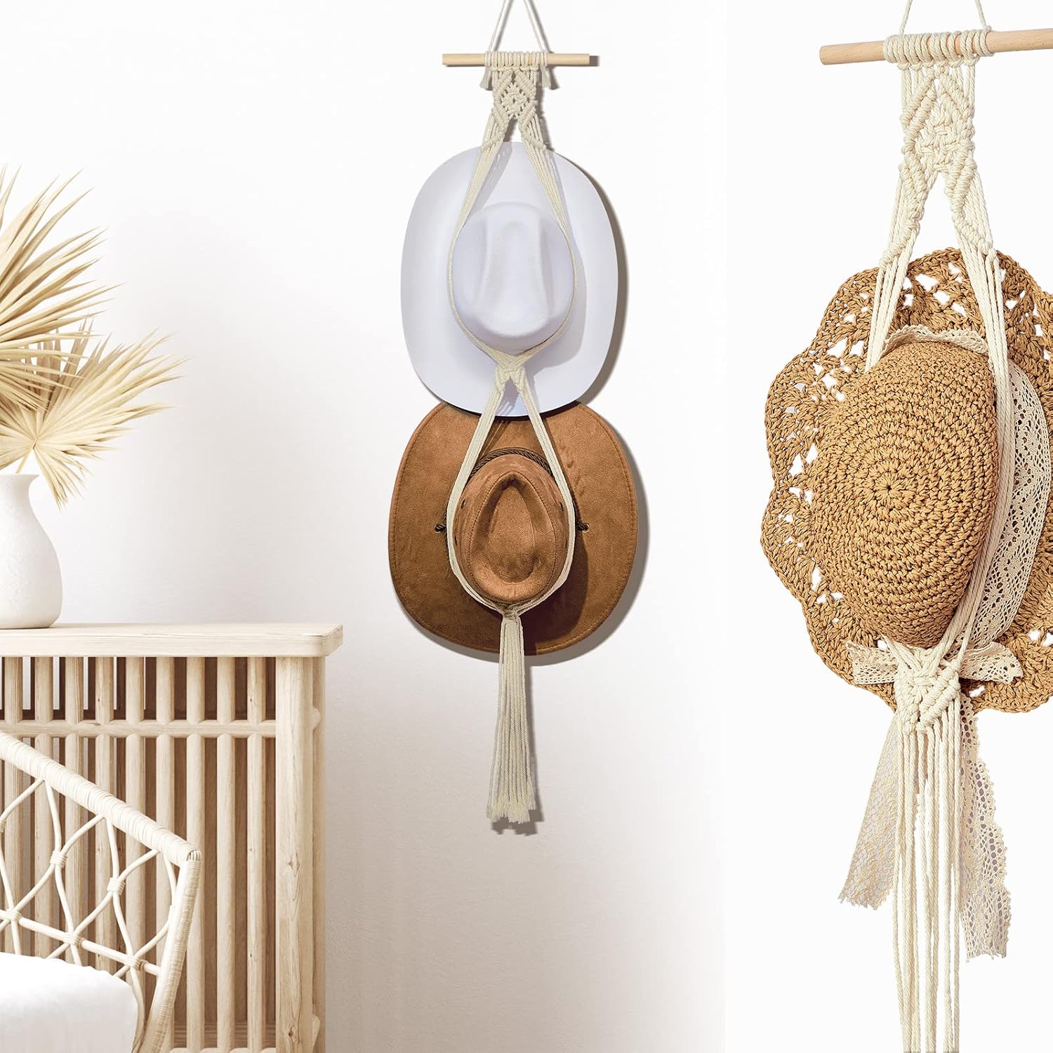 Perchas de macramé para sombreros, estilo bohemio, para colgar sombreros de vaquero, organizador para la parte trasera de la puerta (blanco, estilo