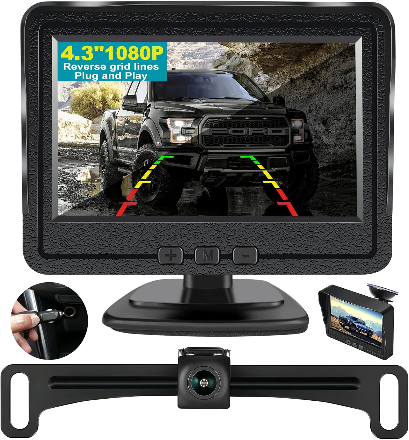 HOSOOD Cámara de respaldo HD de 4.3 pulgadas, monitor de visión trasera para coche de 12 V, fácil instalación, Plug and Play, visión nocturna
