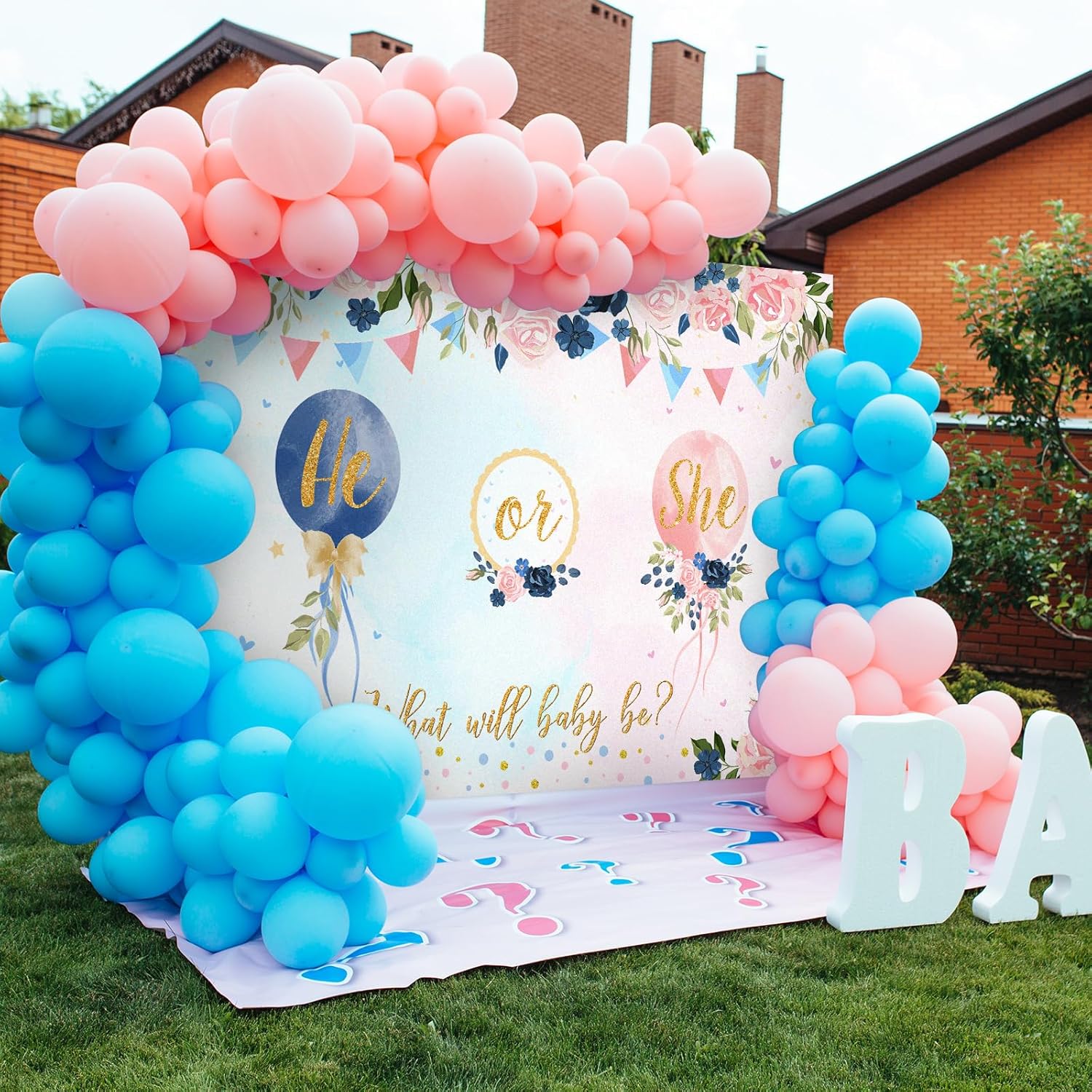 Cartel de fondo de revelación de género con texto en inglés “He or She Gender Reveal What Will Baby Be Gender Reveal”, suministros de decoración de