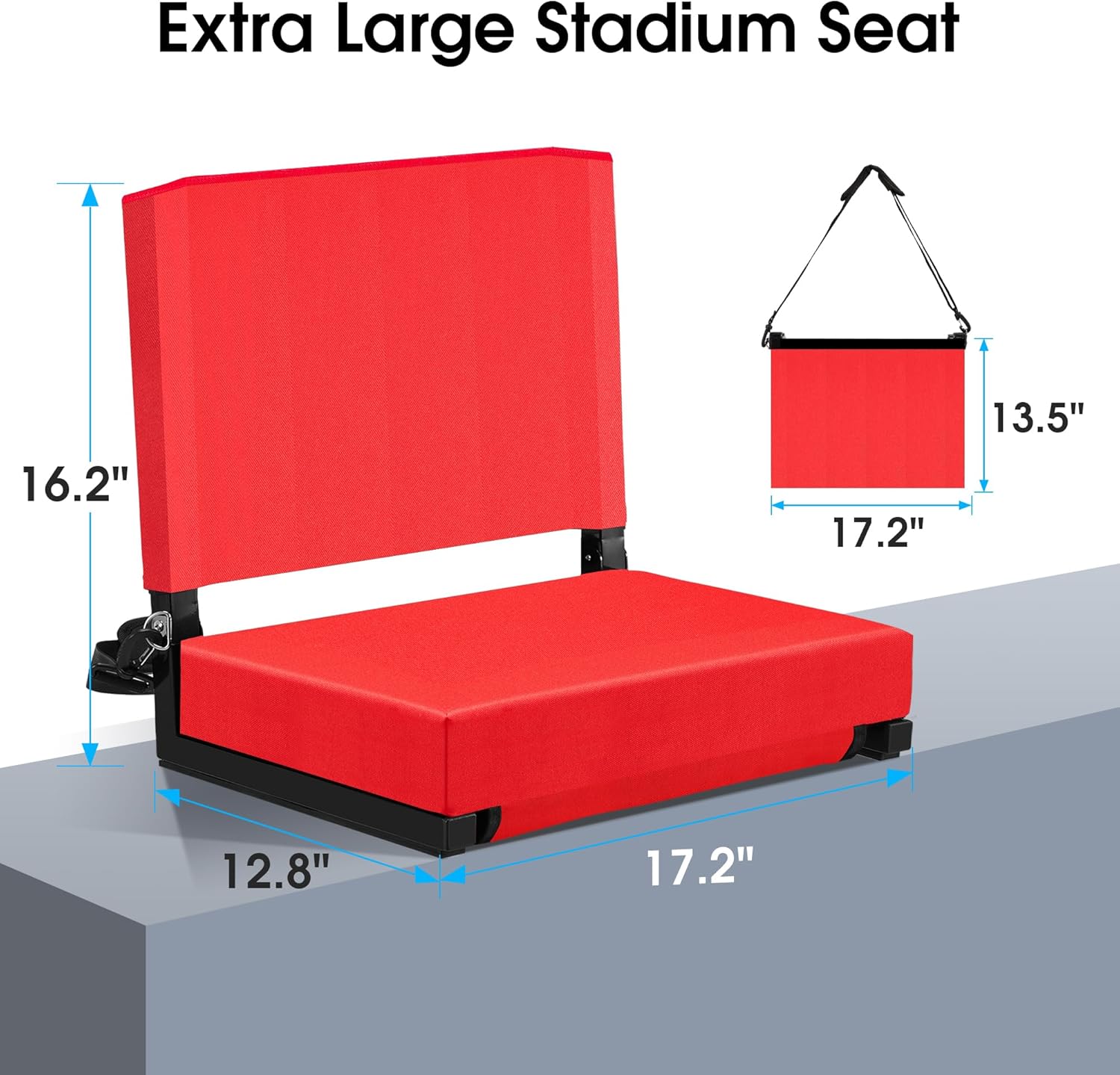 Eusuncaly Asiento de estadio para gradas con respaldo y cojín acolchado ancho y cómodo, sillas plegables con correa para el hombro y bolsillos de