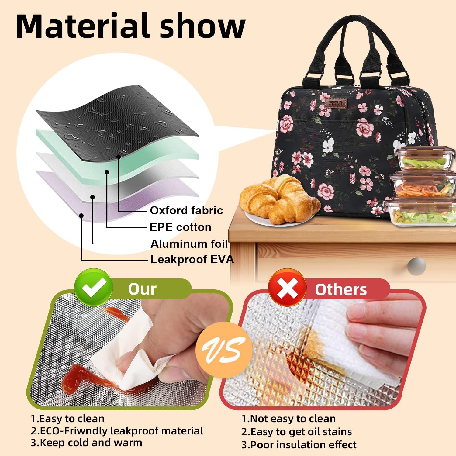 PBRO Lonchera térmica para mujer, bolsa de almuerzo reutilizable de apertura amplia con cinturón de hombro ajustable, bonita lonchera portátil con