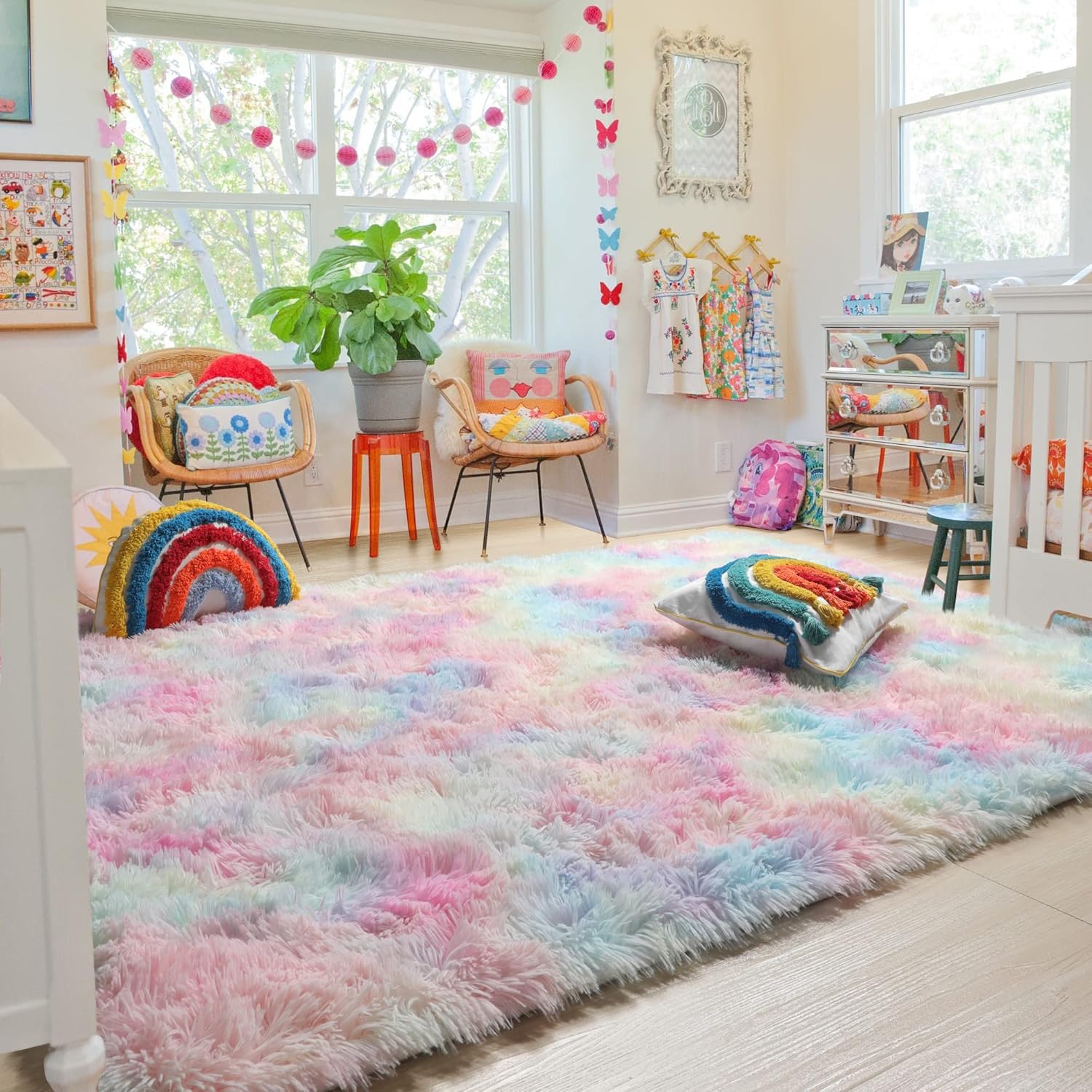 RUGTUDER Alfombra de área para sala de estar, 6 x 9 pies, alfombra esponjosa de arcoíris para dormitorio, lindas alfombras de pelo largo para niñas,
