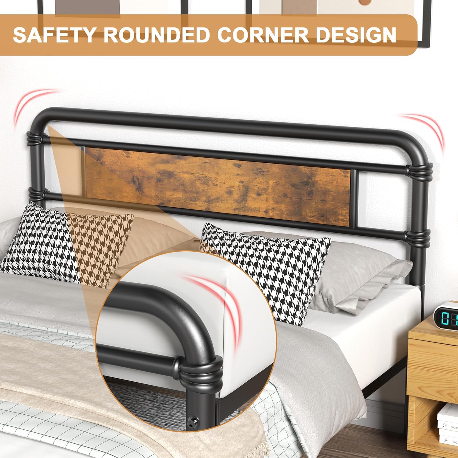 Base de cama King con cabecero, base de cama de plataforma pesada con base de metal fuerte, fácil montaje, no necesita somier, marrón vintage
