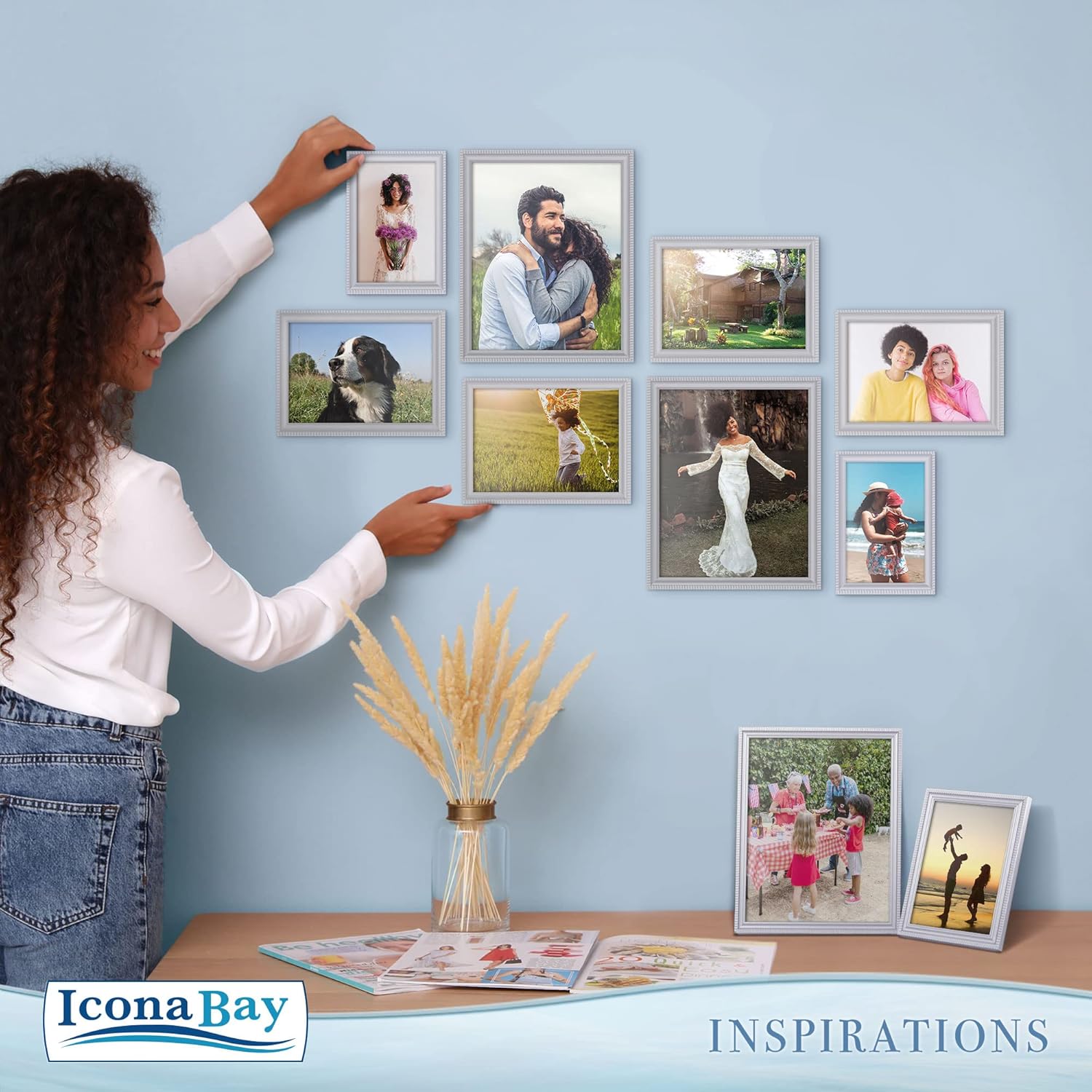 Icona Bay – Juego de marcos de fotos (6 unidades), Ganchos para montaje en pared y caballete de mesa incluyendo, el monitor horizontal o vertical,